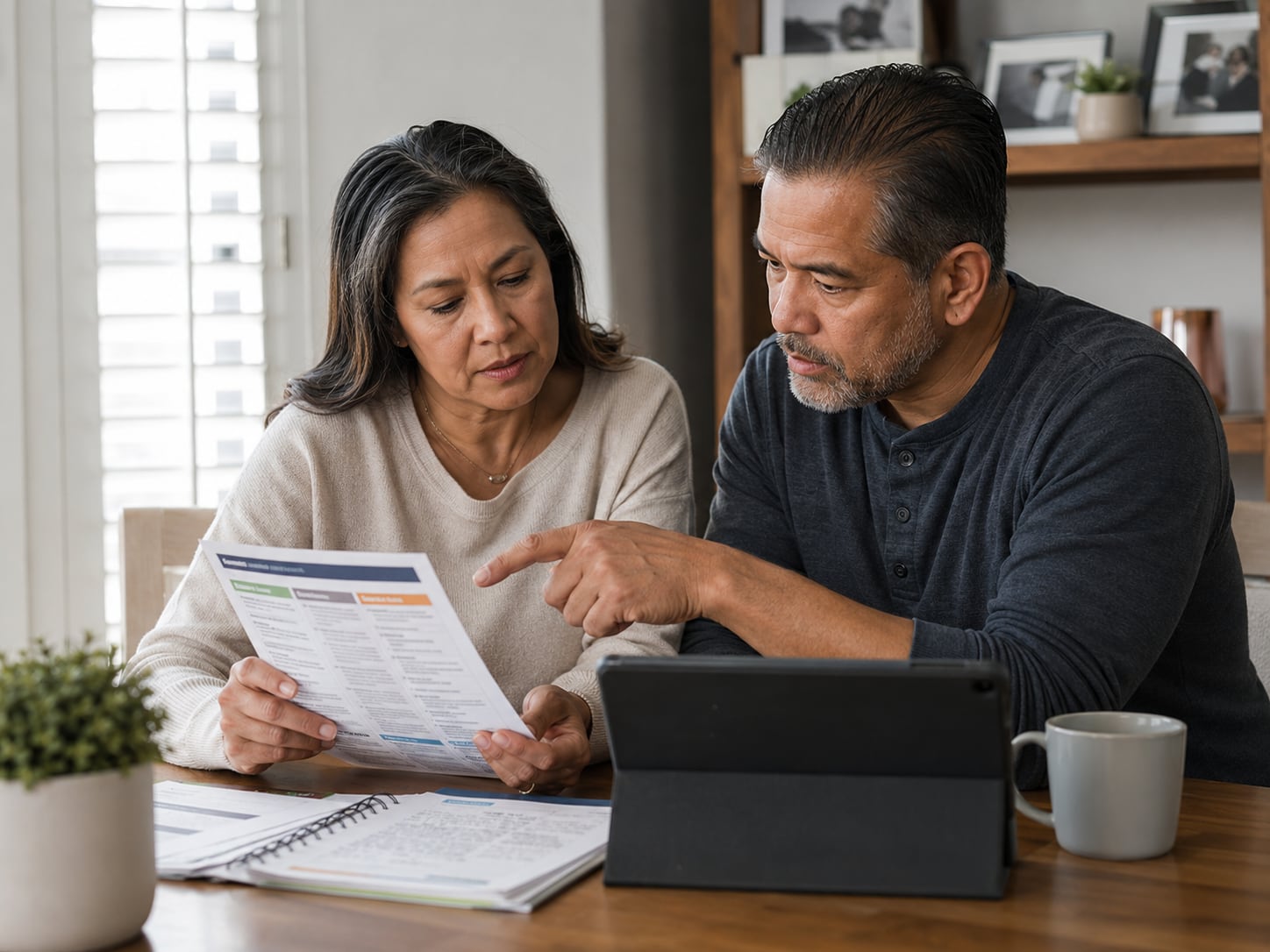 A middle-aged couple review a printed document together on a couch at home