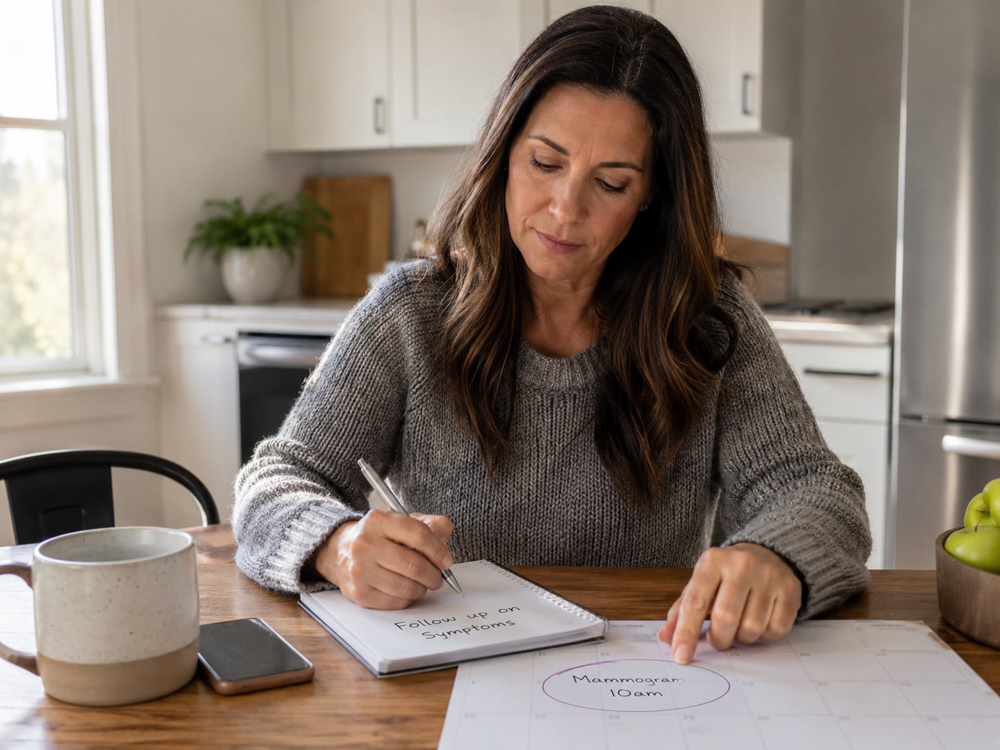 A woman sits at a kitchen table writing in a notebook at home