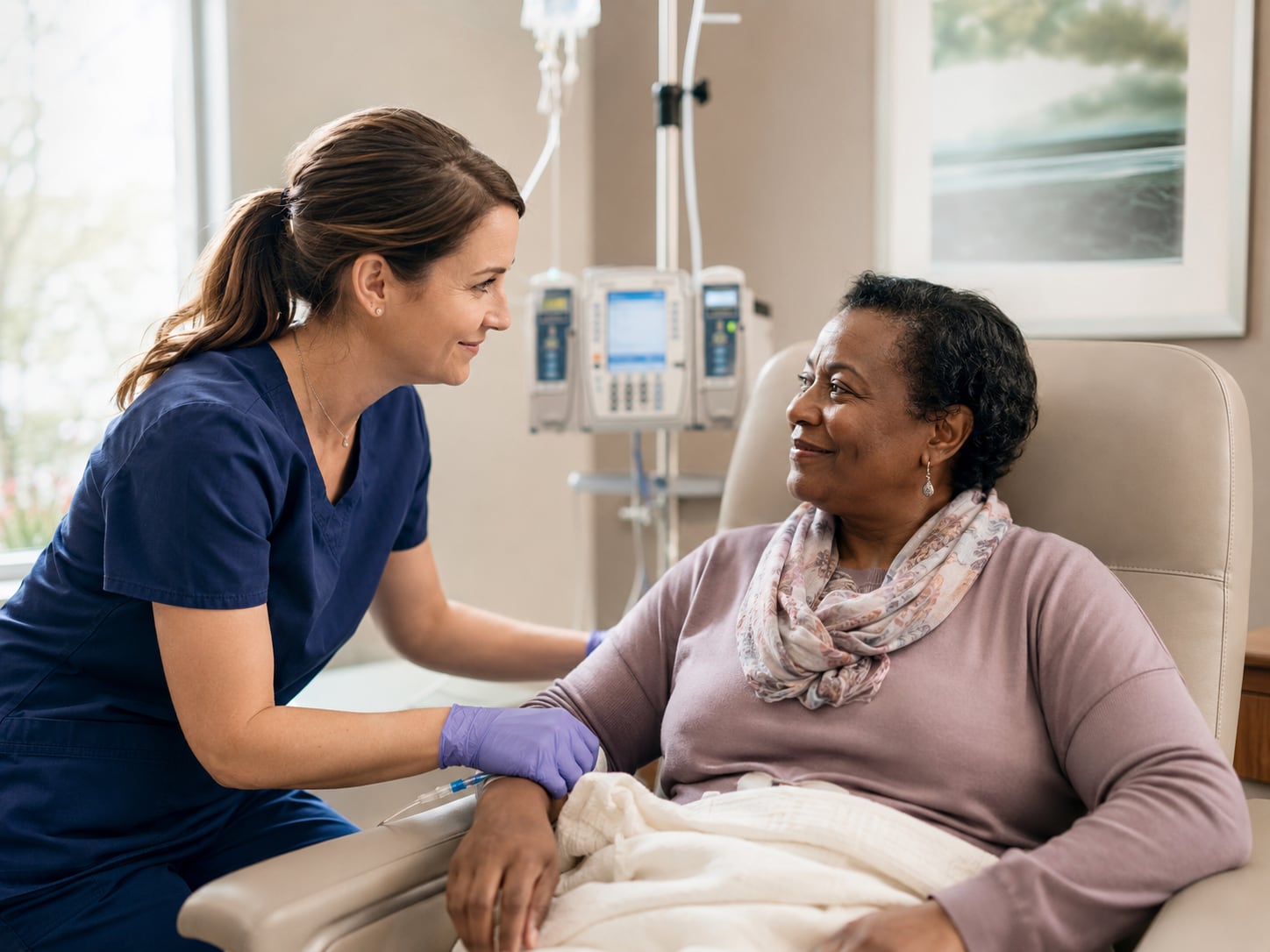 A nurse attending to an older woman seated beside an IV pole in an infusion room
