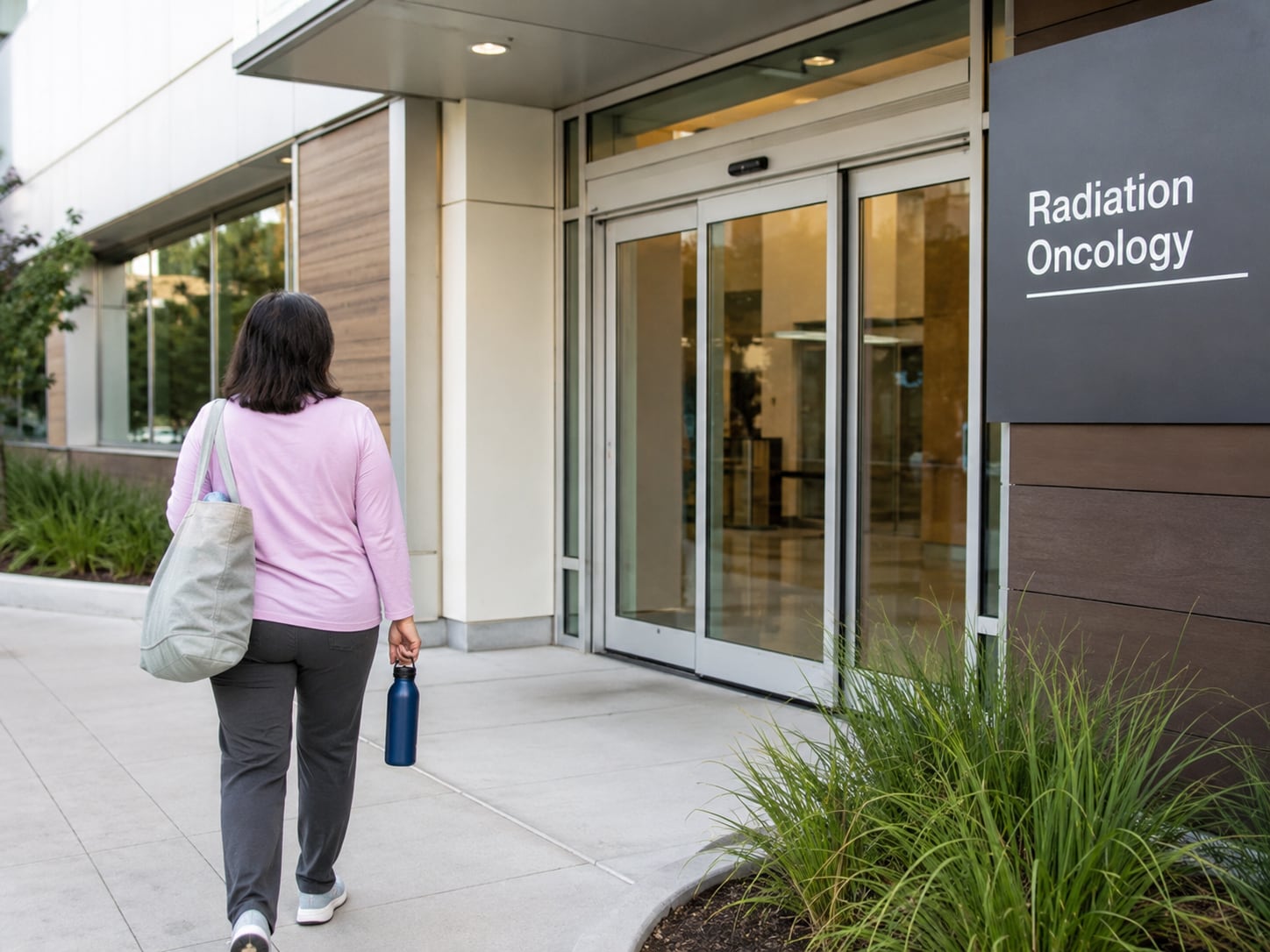 A woman carrying a tote bag and a water bottle walks toward the sliding glass entrance of a building marked with a “Radiation Oncology” sign.