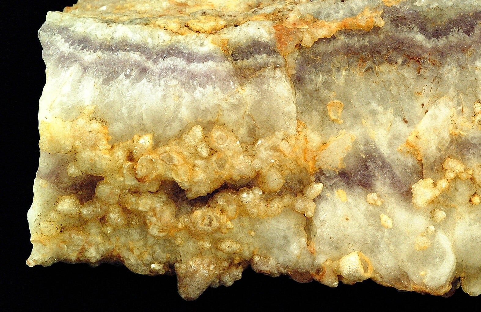 A banded white and purple quartz specimen, a common form of crystalline silica, against a black background