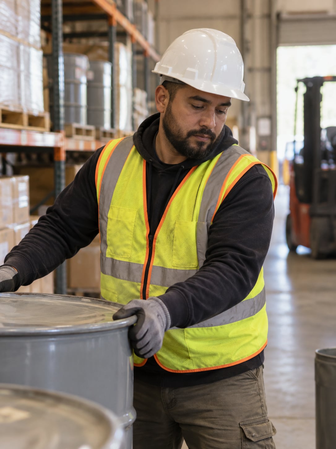 A worker wearing a hard hat and safety vest stands in a warehouse or industrial setting.