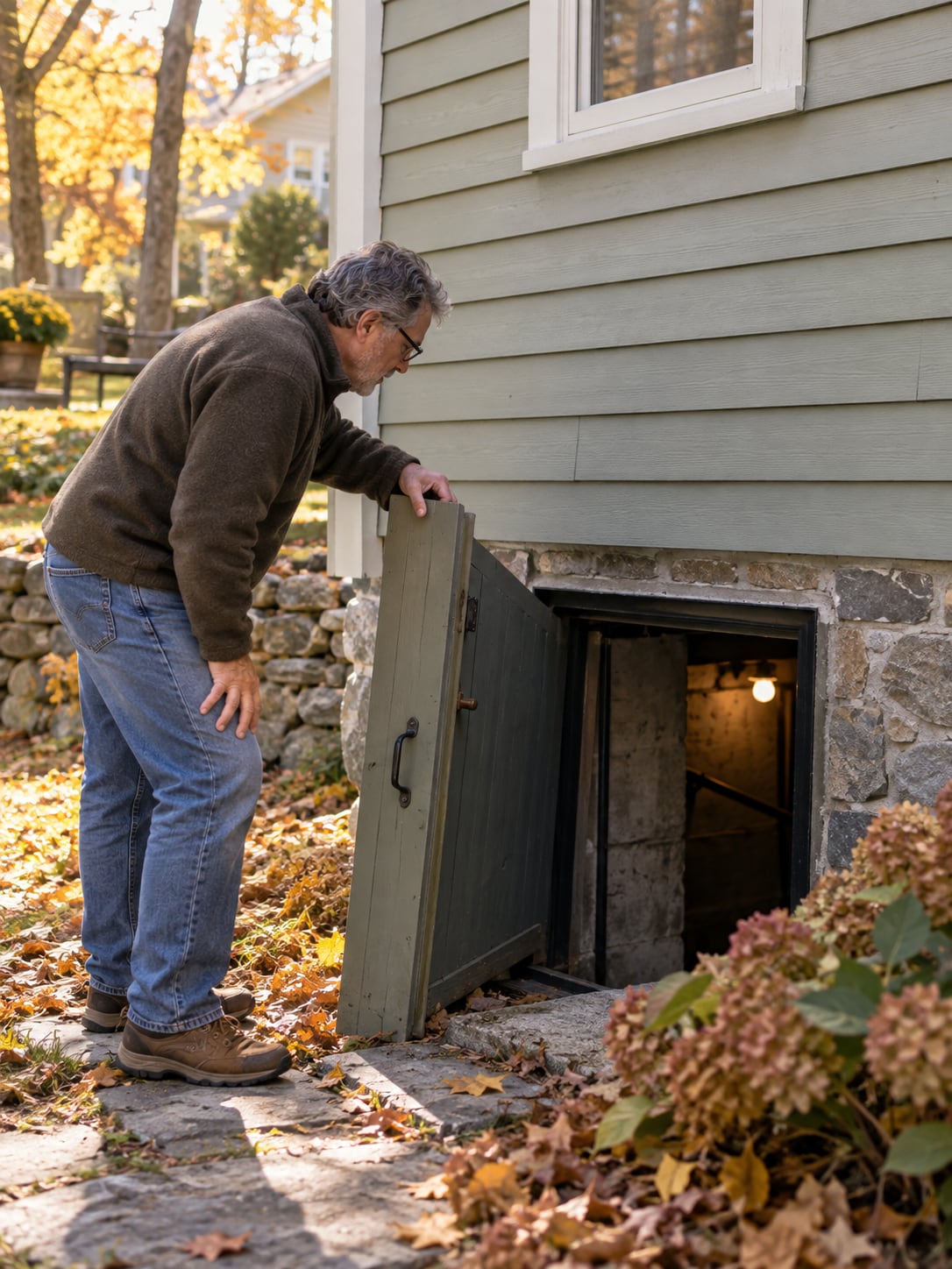 An older suburban home exterior with a basement door slightly ajar in autumn light.