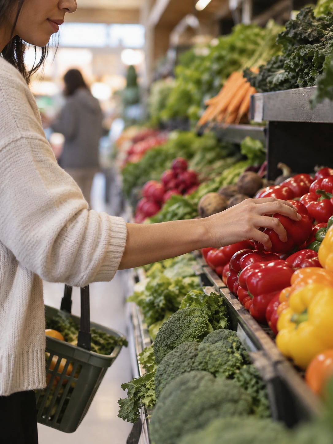 A shopper's hand selects an item in a grocery store produce aisle.