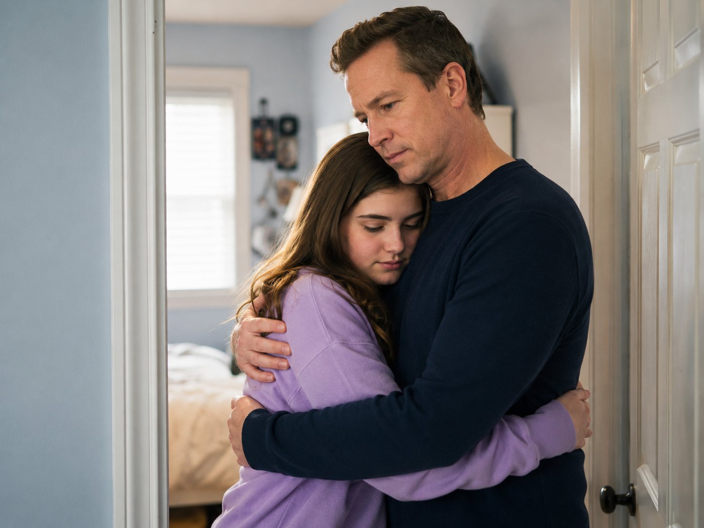 Man in a navy sweater hugs a teenage girl in a bedroom doorway, both with eyes closed.