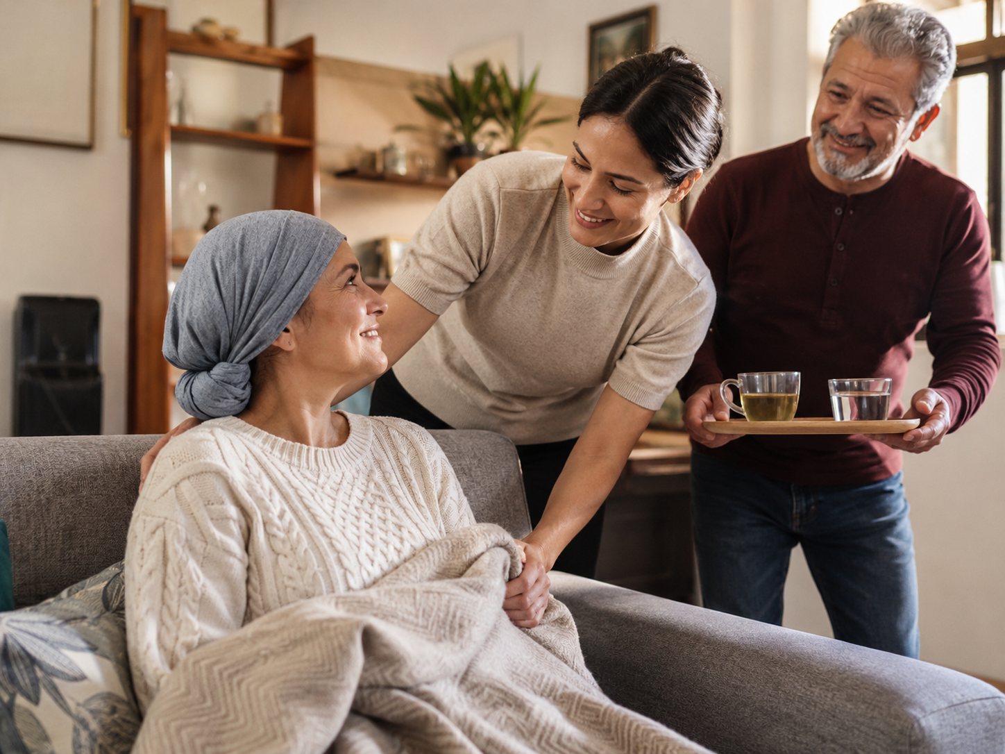 Woman in a head wrap rests under a blanket while a younger woman holds her hand and a man brings tea.