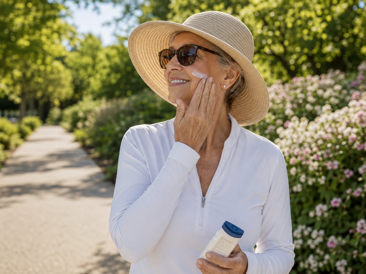 An older woman in a sunhat touches her cheek while standing in a garden