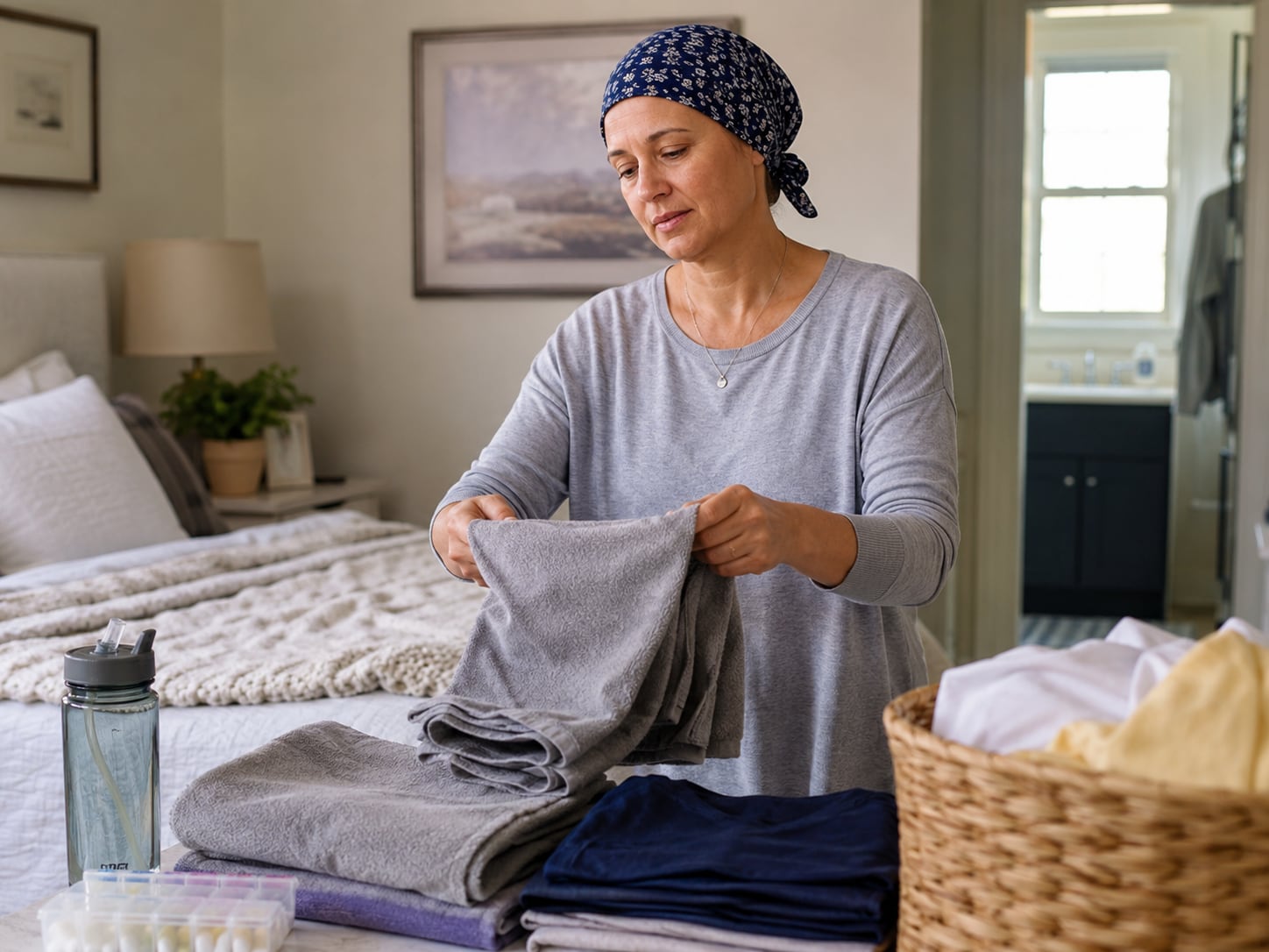 A woman sits on a bed folding a towel or cloth in a bedroom