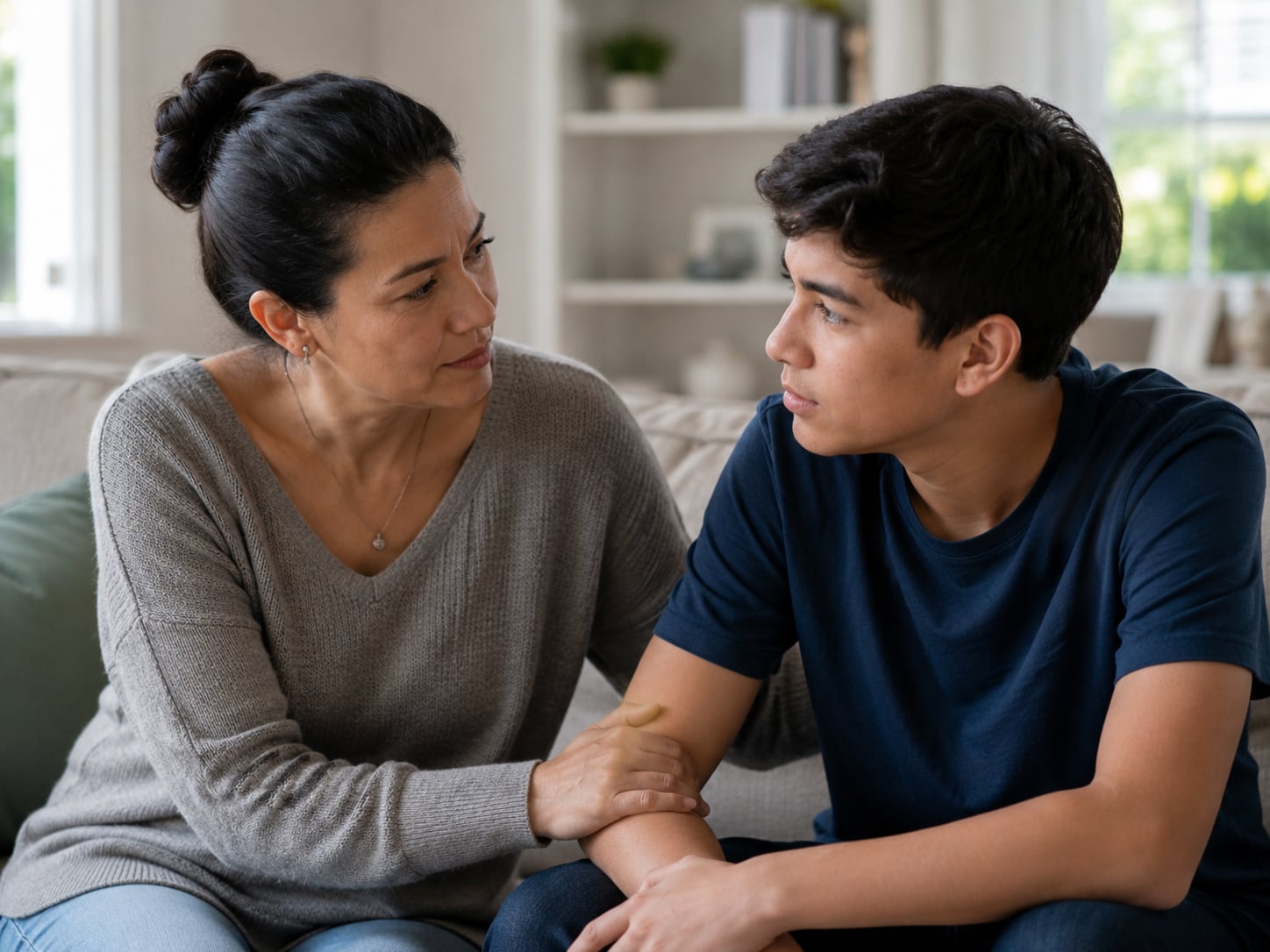 A woman talks with a teenage boy at a kitchen counter at home