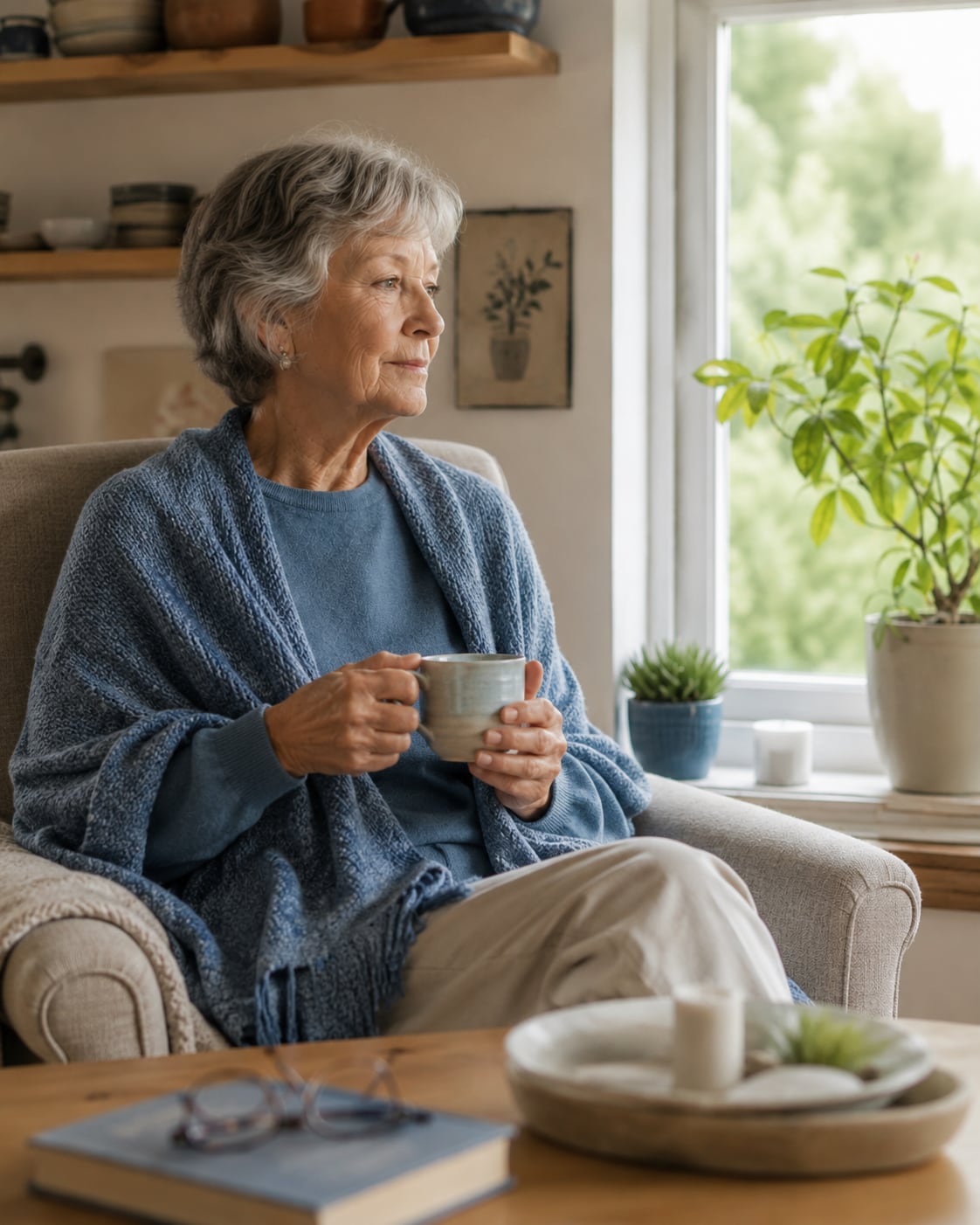 An older woman in headscarf sits by a window holding a mug, looking pensive