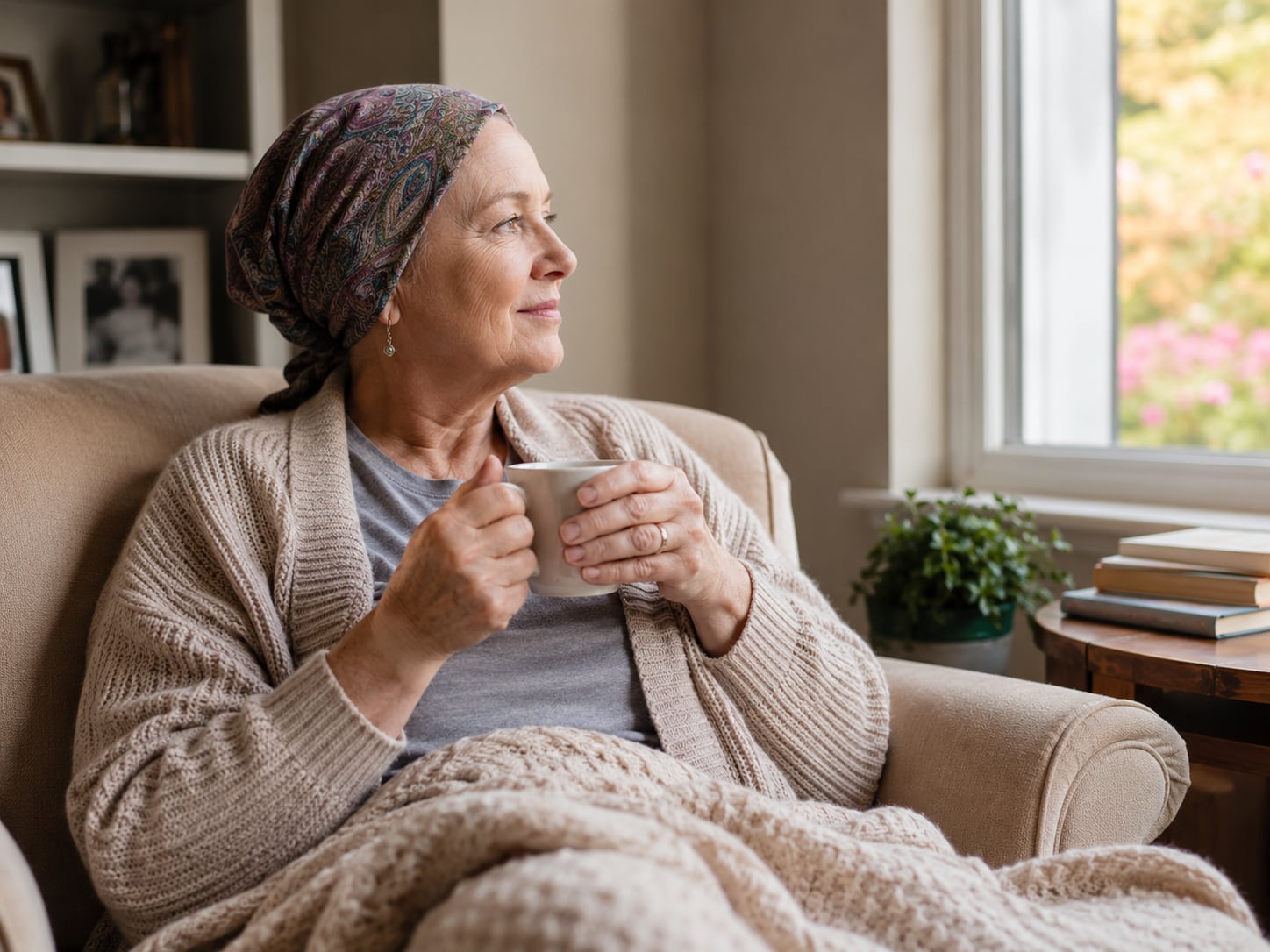 A woman in headscarf sits in an armchair at home holding a mug, content expression