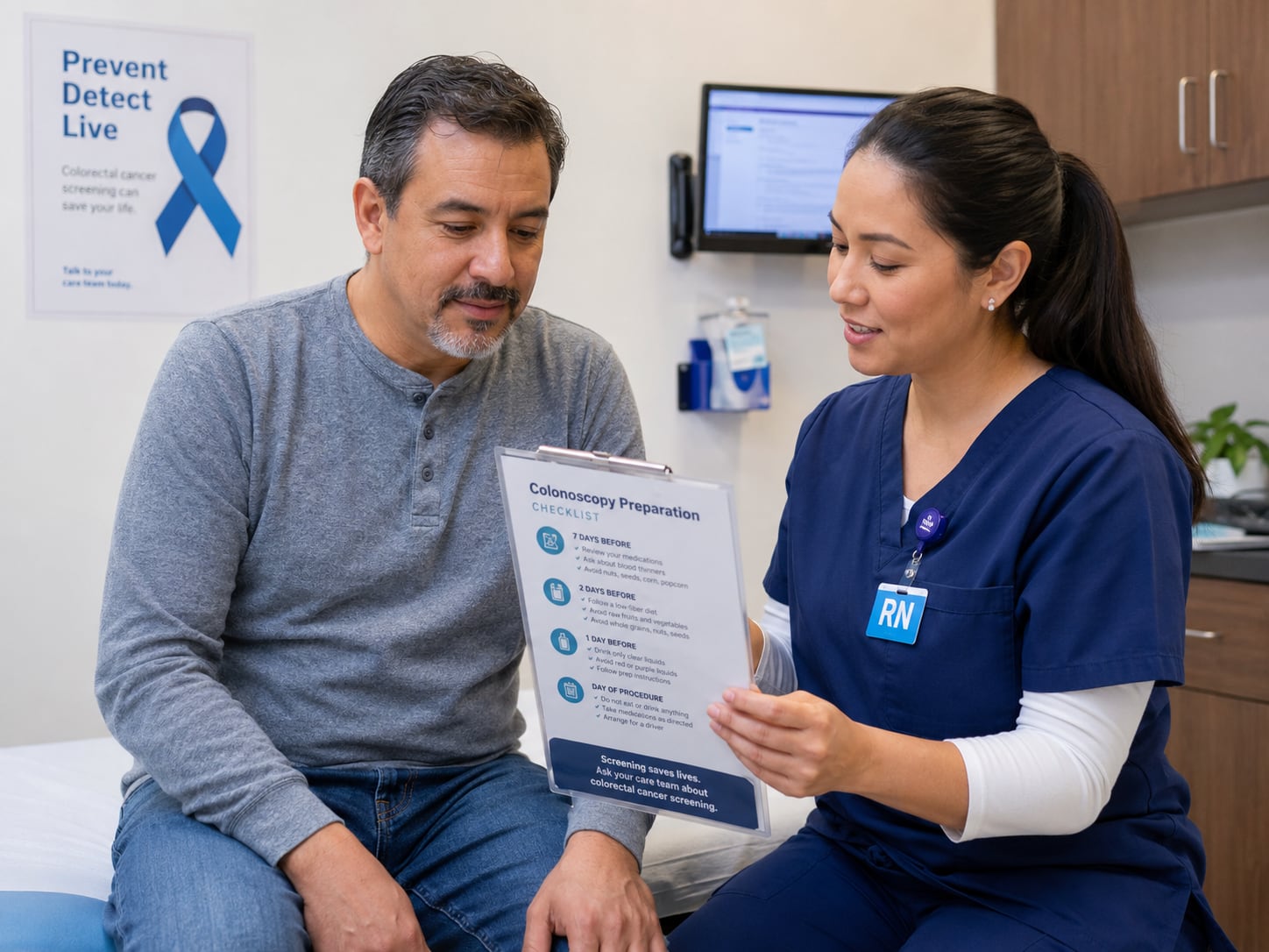A man reviews a pamphlet with a nurse in clinic, wearing a blue awareness-ribbon pin