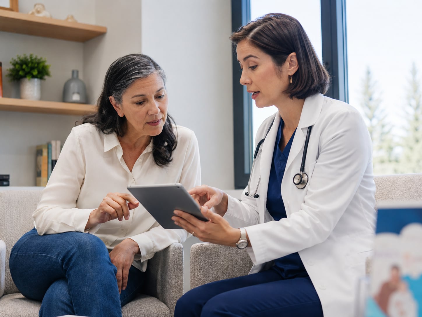 A woman in headscarf and a doctor look together at a tablet in a clinic setting