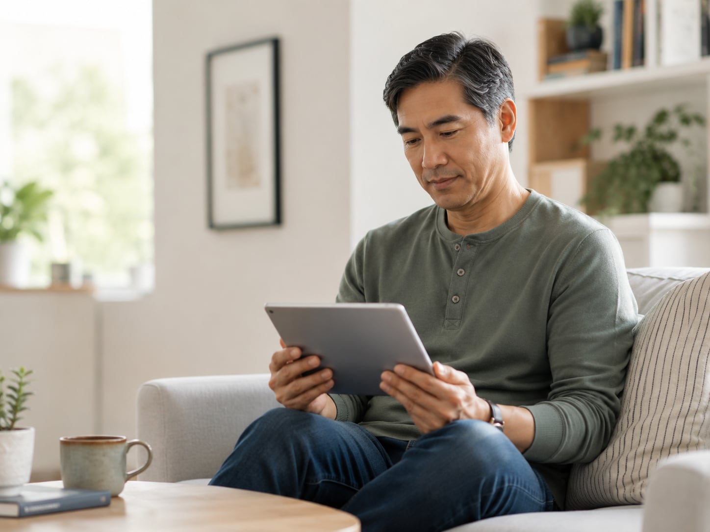 A man sits at home reading on a tablet