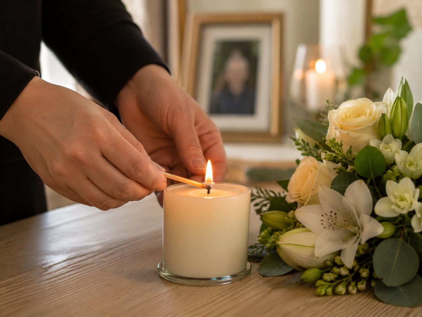 A person in a black sweater lights a white candle with a match on a wooden table beside a bouquet of white lilies and roses and a framed photograph.