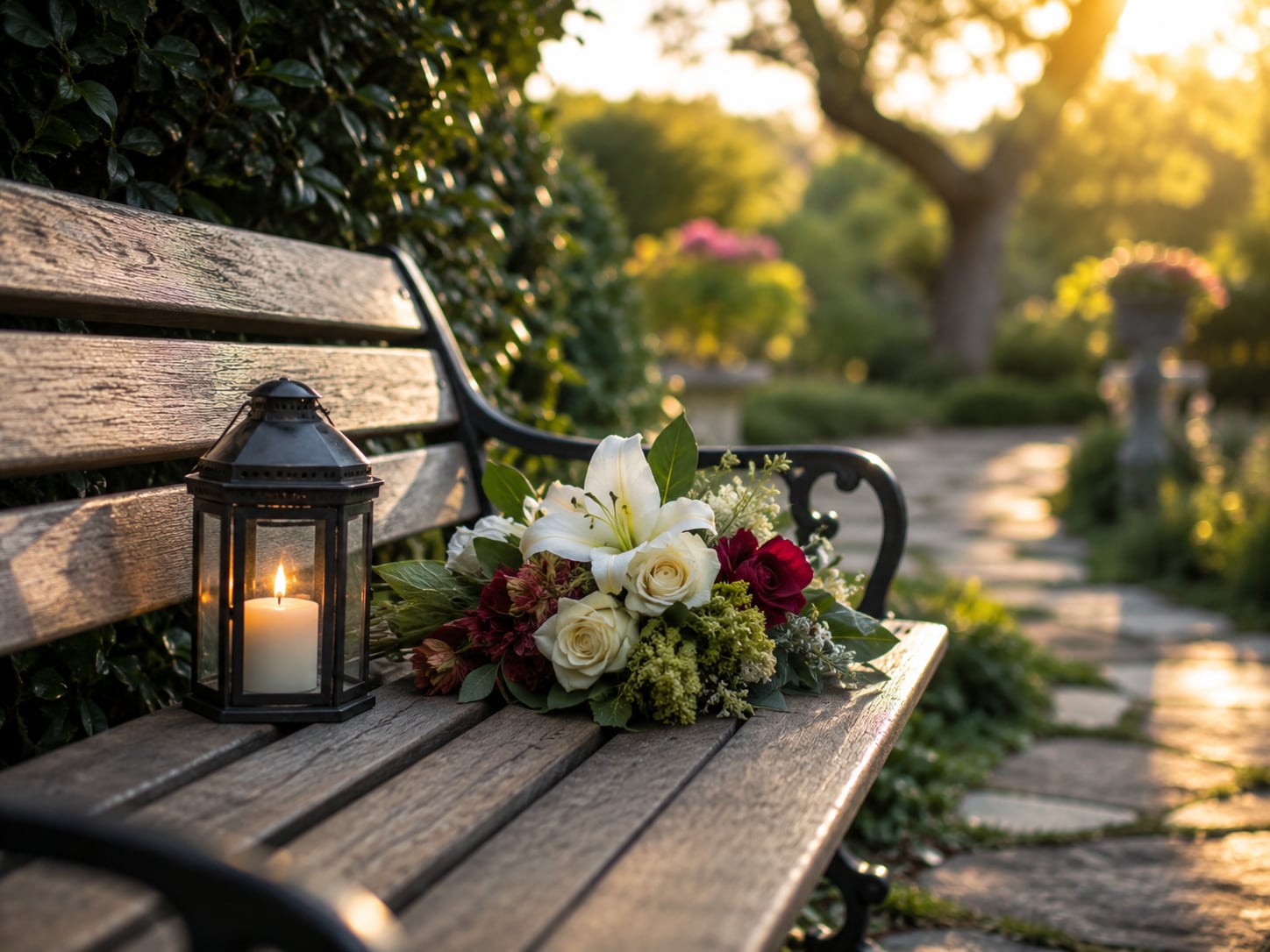 A lantern holding a lit candle and a bouquet of white and dark red flowers rest on a weathered wooden garden bench beside a stone path at sunset.