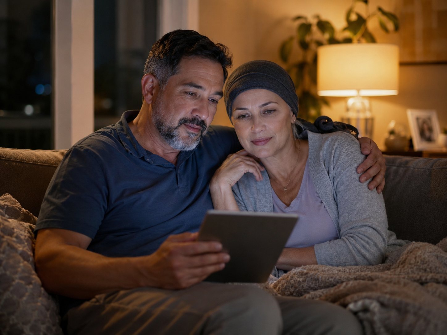 Man with his arm around a woman in a head scarf as they read a tablet together on a sofa at night.