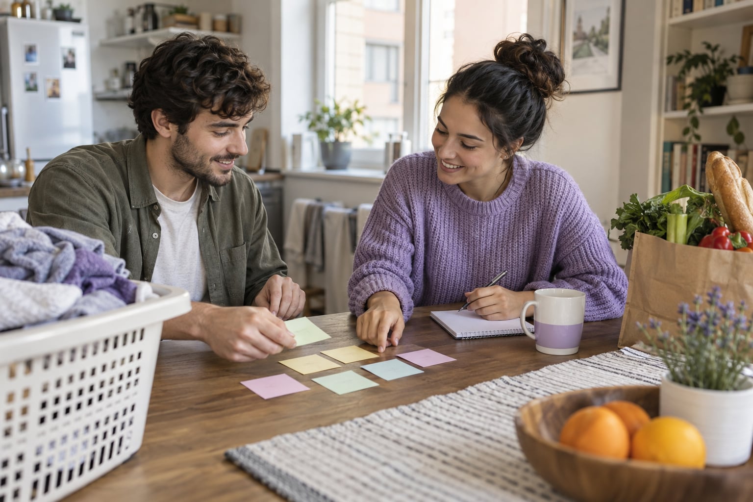 Two roommates smiling while sorting colored sticky notes on a kitchen table, with a laundry basket and groceries nearby.
