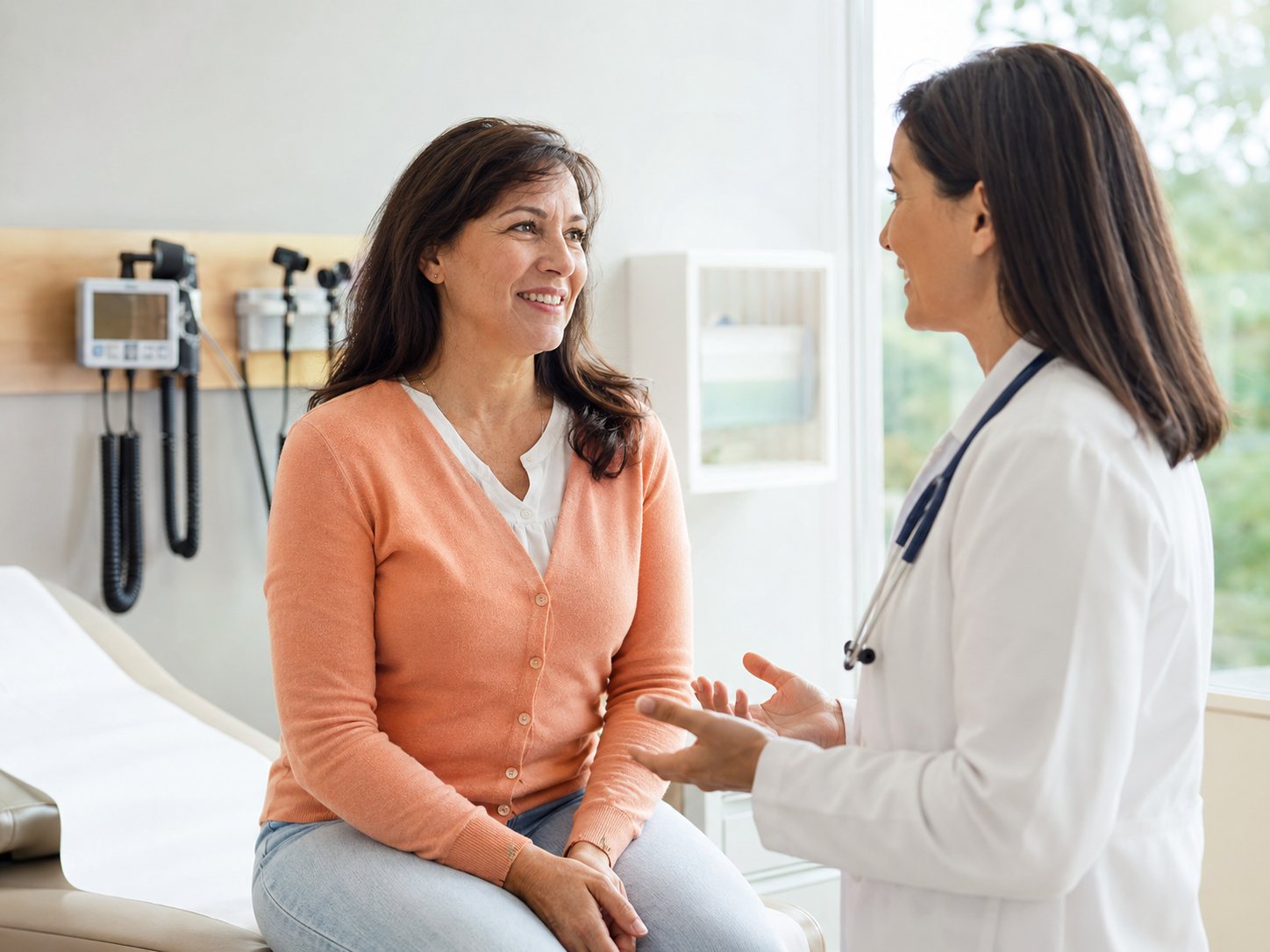 Woman seated on an exam table listens as a clinician in a white coat explains something and gestures.