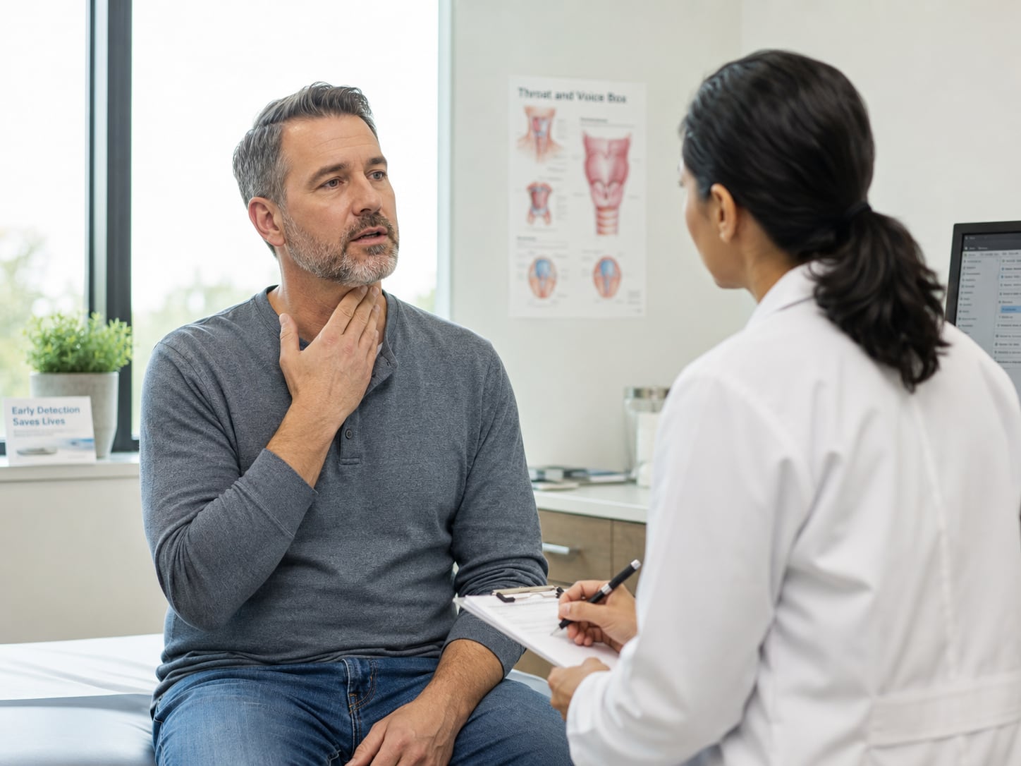 A man holds his throat while talking with a female doctor in an exam room