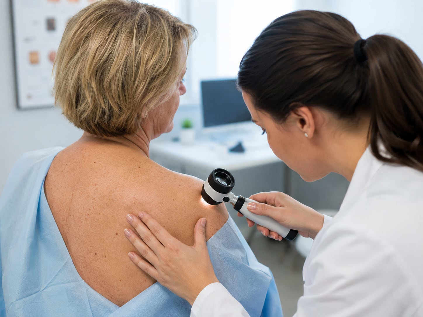 A female doctor examines a woman's bare back with a dermatoscope device