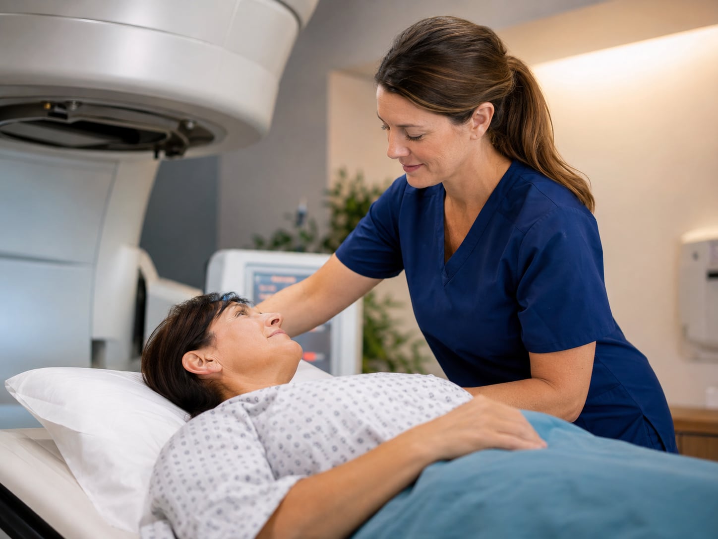 A nurse positions an older woman patient on an MRI or CT scanner table