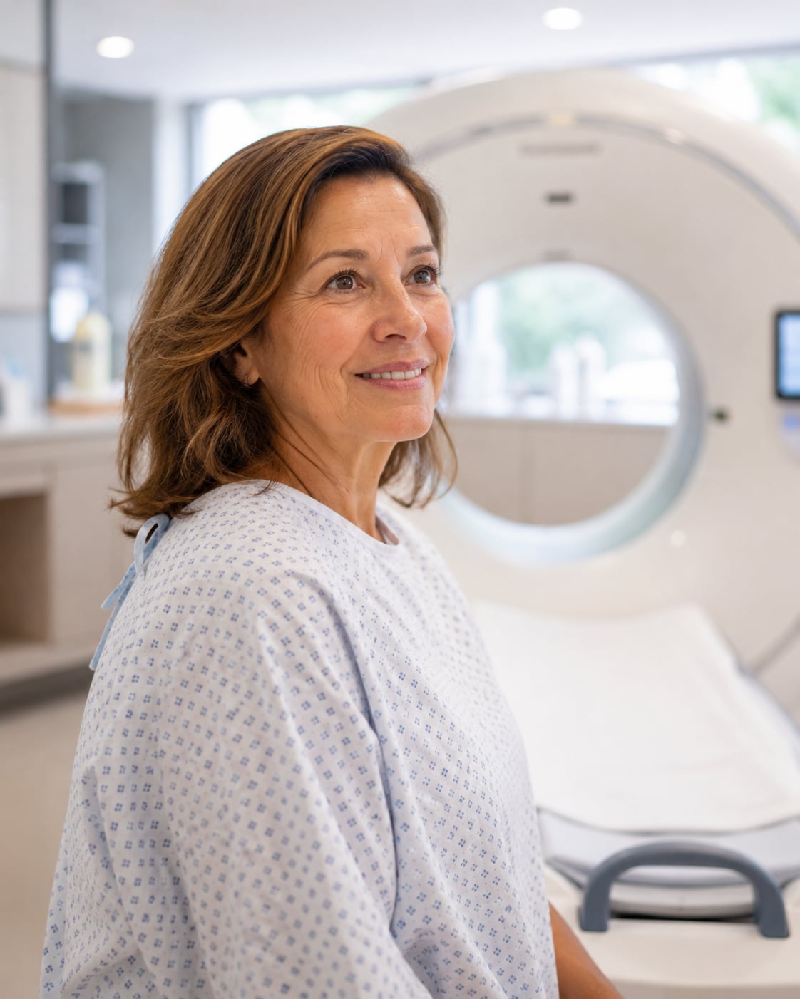 A woman in a hospital gown sits smiling near the round opening of an MRI or CT scanner