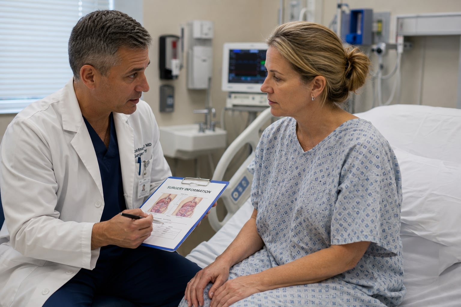 A doctor in a white coat holds a clipboard headed “Surgery Information” showing two chest diagrams while speaking with a woman in a hospital gown.