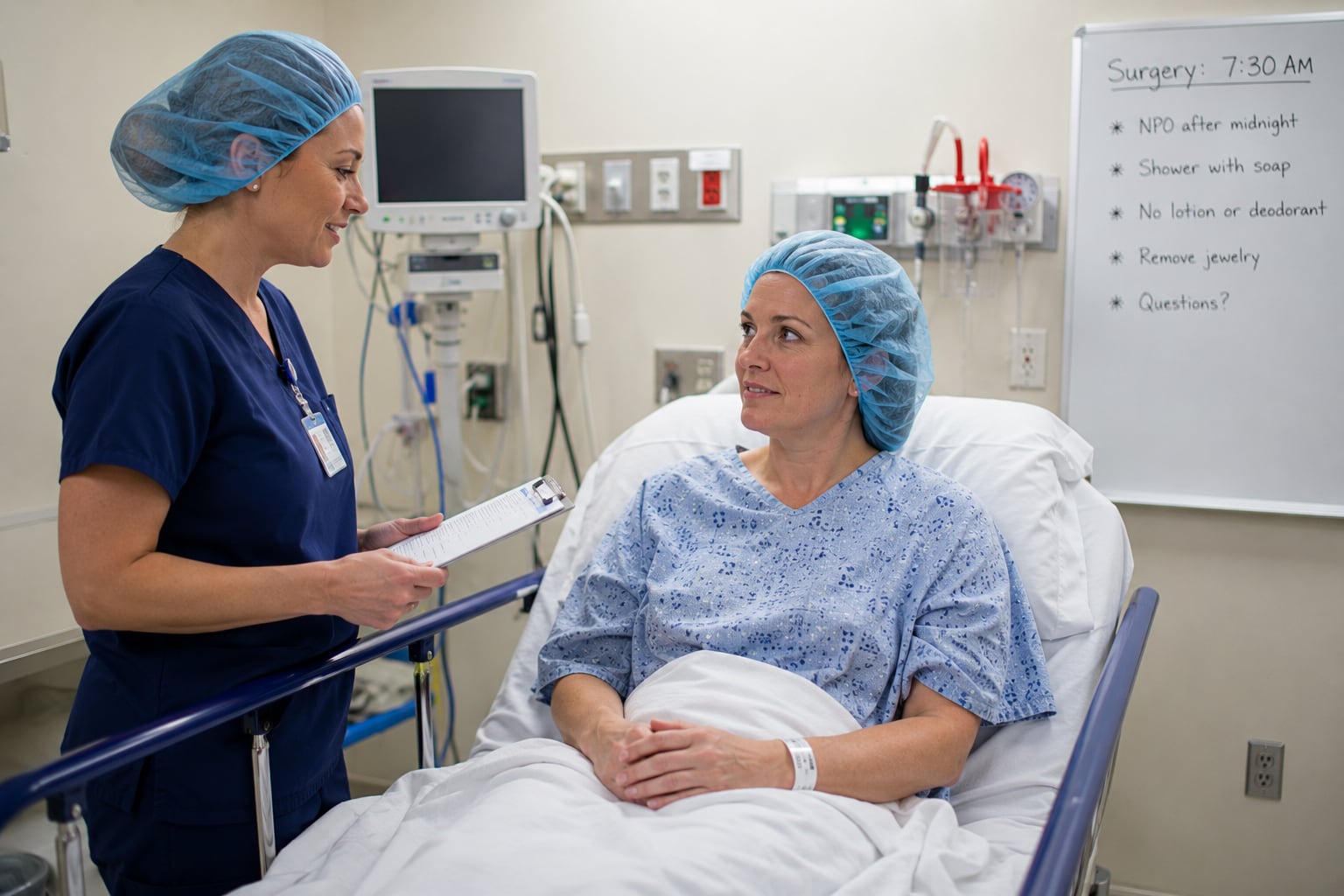 A nurse holding a clipboard stands at the bedside of a patient in a gown and surgical cap, next to a whiteboard reading “Surgery: 7:30 AM” with pre-operative instructions.