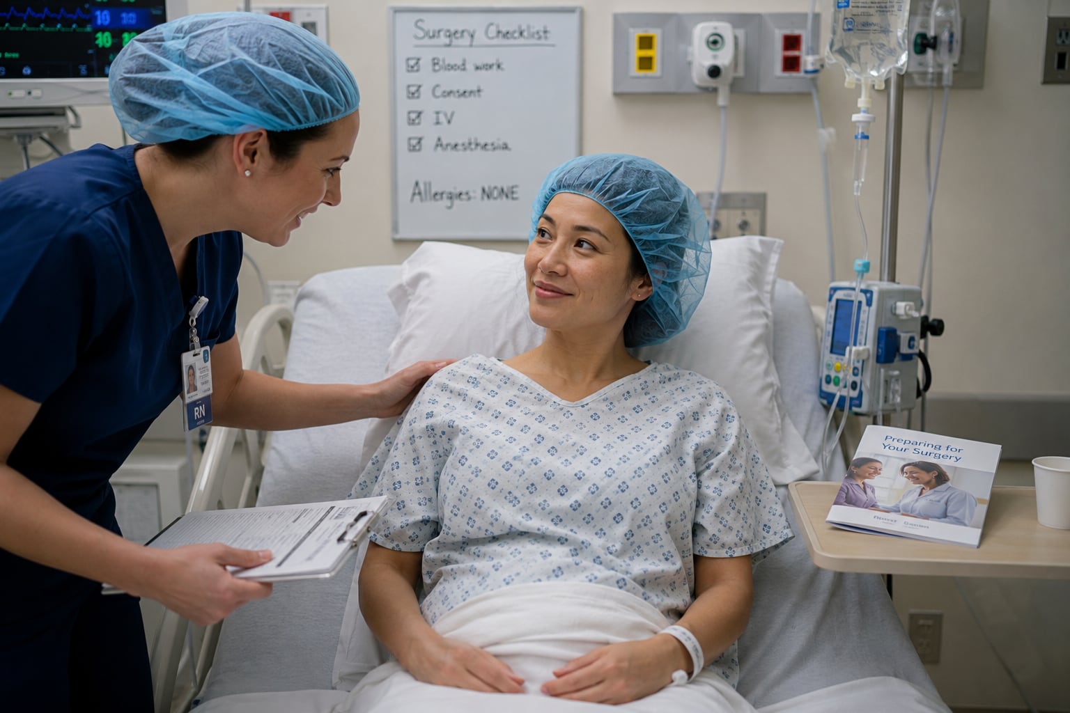 A nurse in navy scrubs and a blue surgical cap rests a hand on the shoulder of a patient in a gown and cap sitting up in a pre-operative bed.