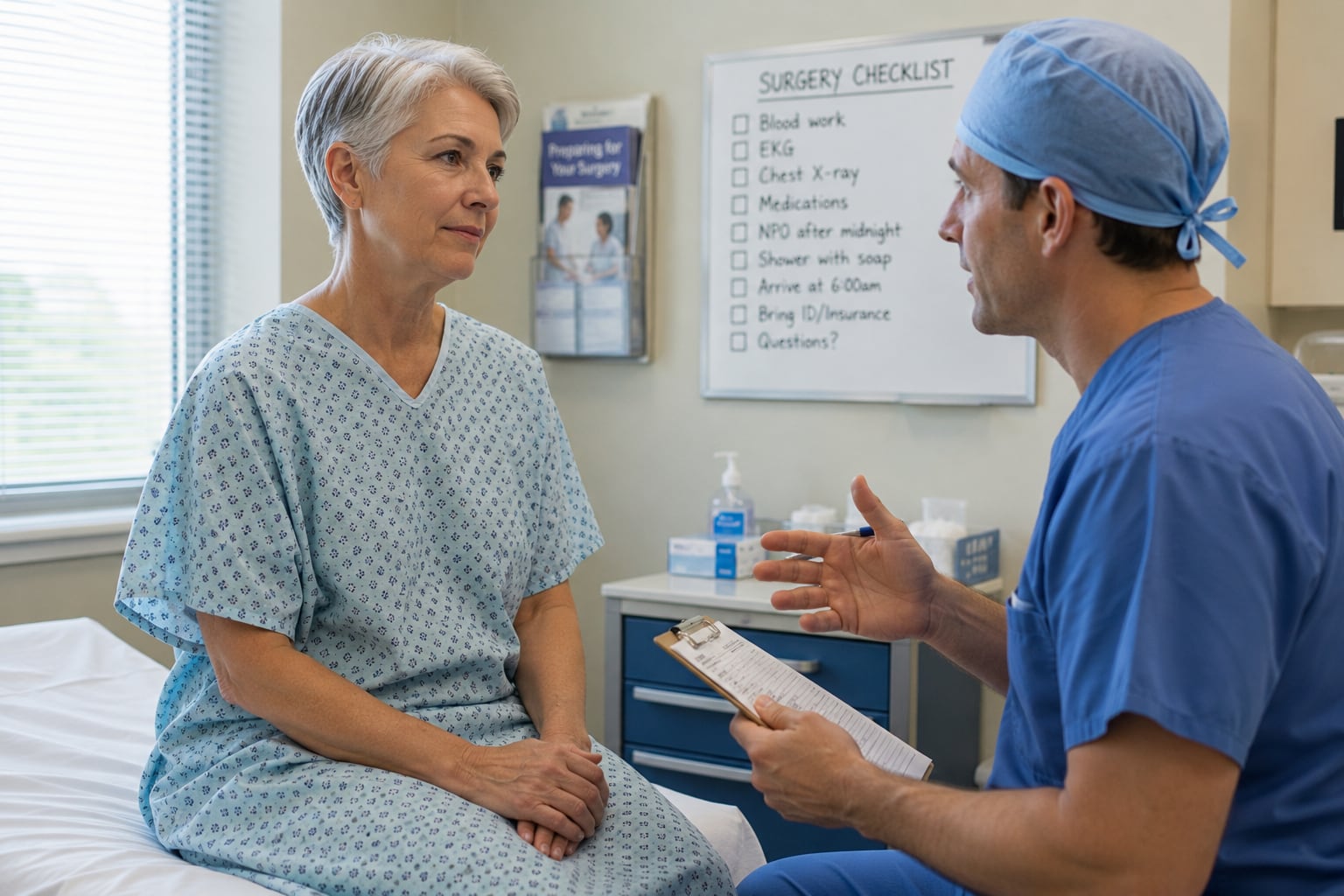 A man in blue scrubs and cap holds a clipboard and gestures while talking with a grey-haired woman in a hospital gown, under a whiteboard listing a surgery checklist.