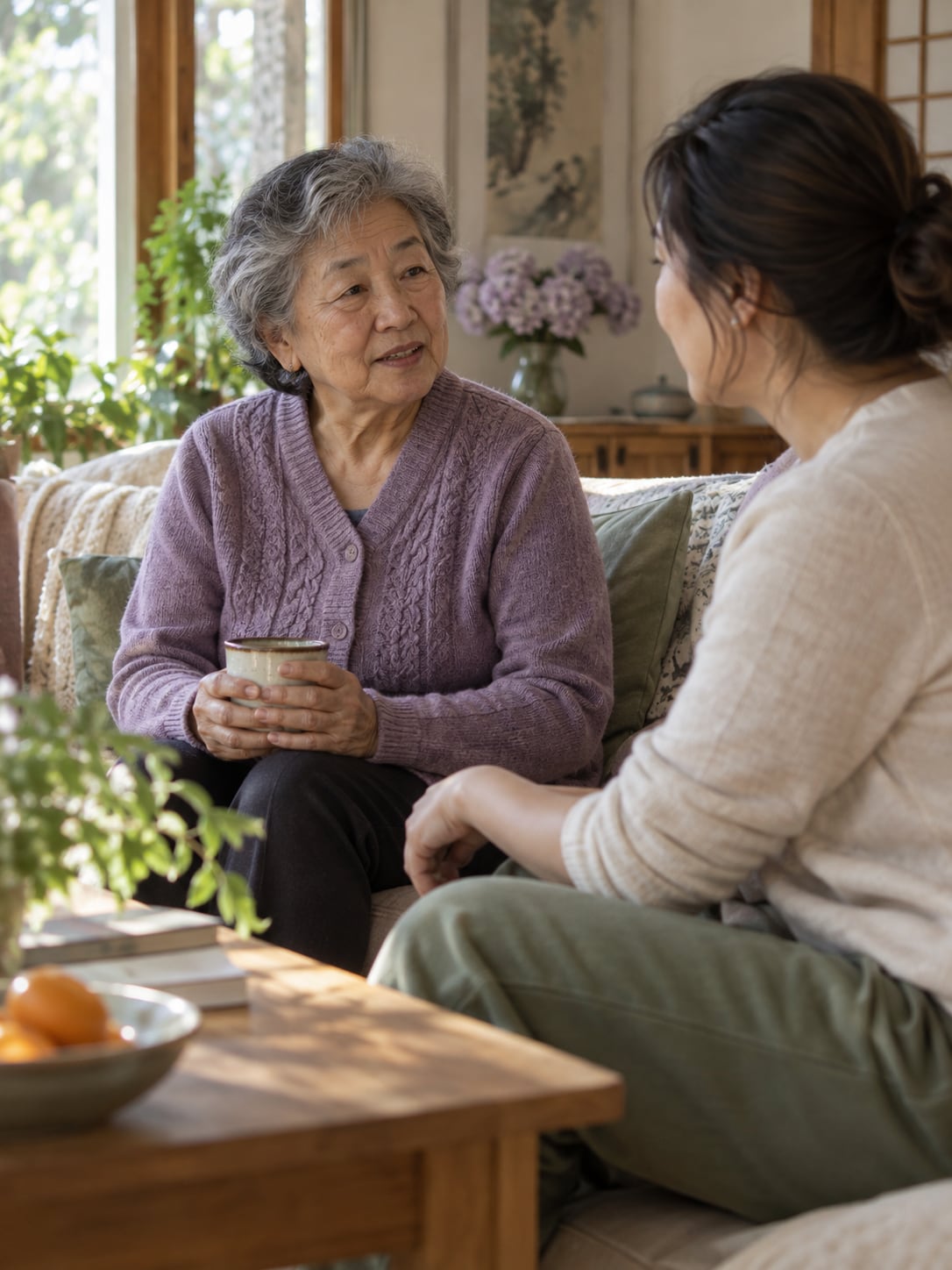 An Asian American grandparent and adult child sit in conversation in a home living room.