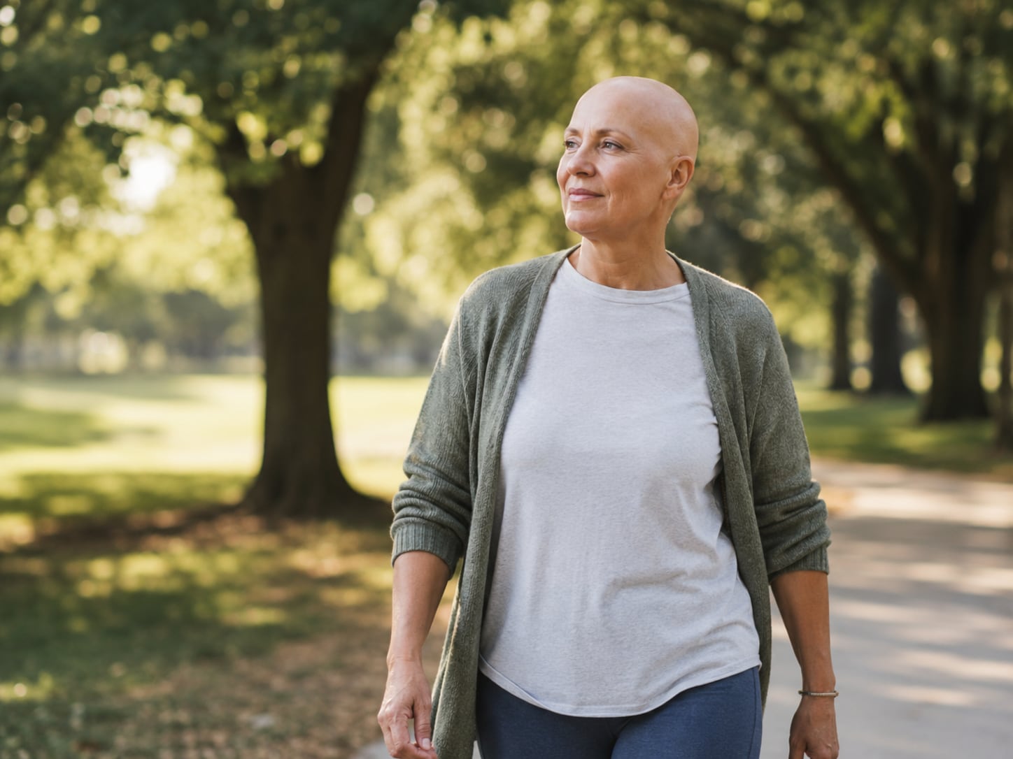 A woman walks alone in a park, looking thoughtful