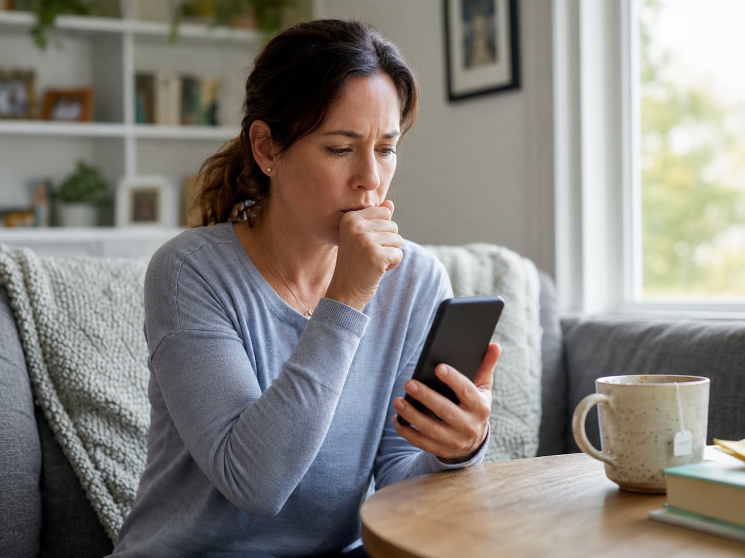 A woman sits on a couch looking at her phone with her chin on her hand, concerned