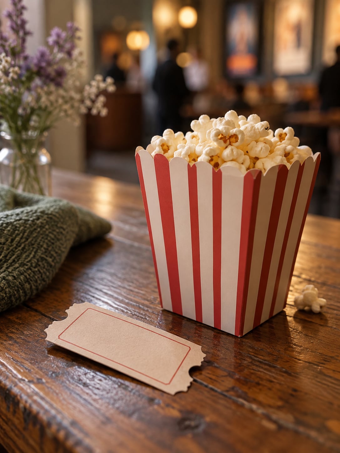 A blank film ticket stub and a small popcorn box on a wooden table with soft bokeh background.