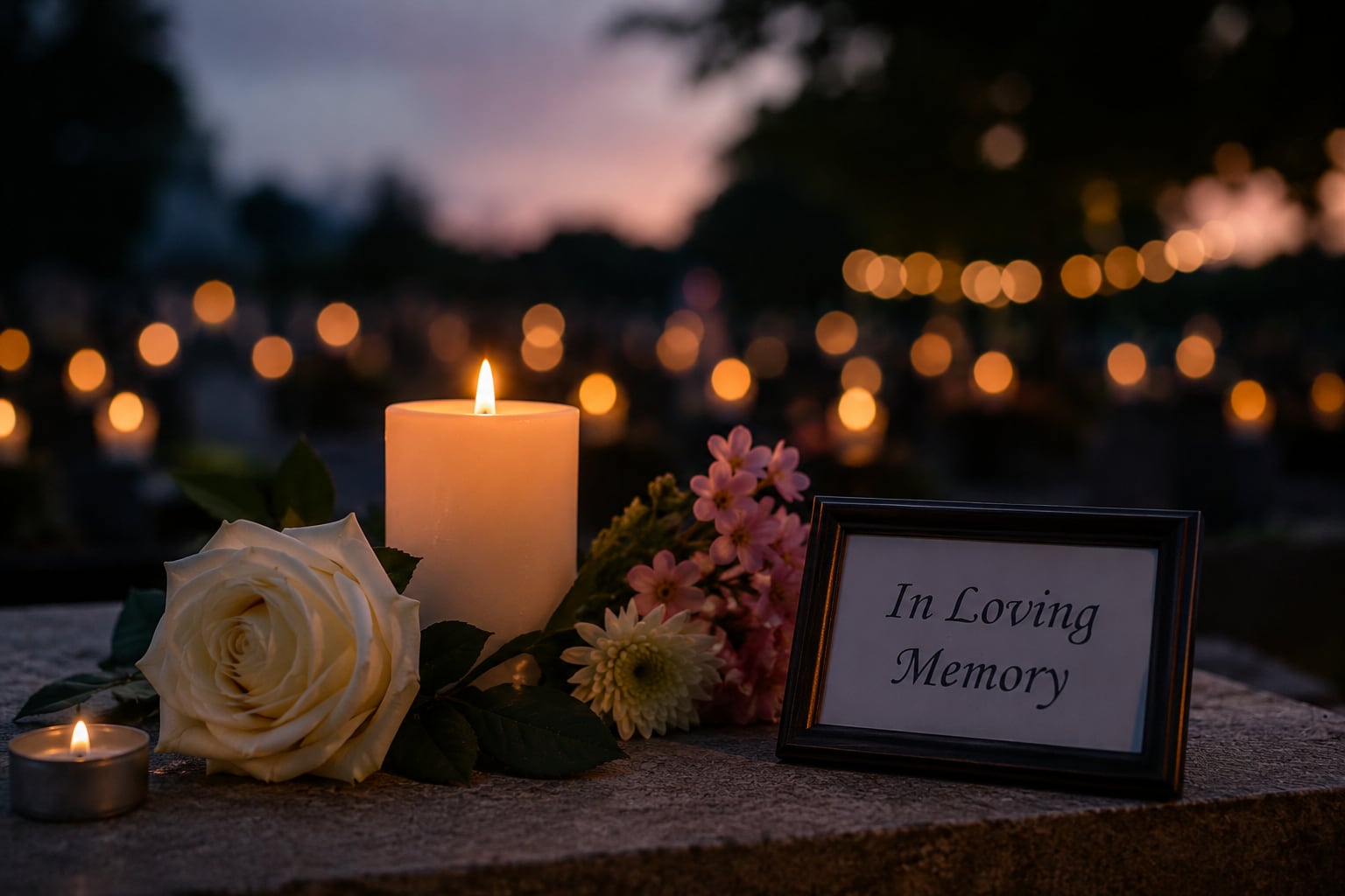 A framed card reading “In Loving Memory” beside a white rose, pink flowers and lit candles on a stone ledge at dusk.