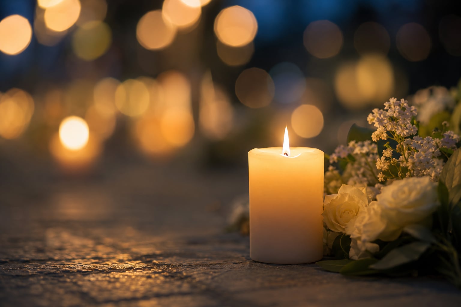 A single lit pillar candle on stone paving next to white roses, with warm candlelight filling the dark background.