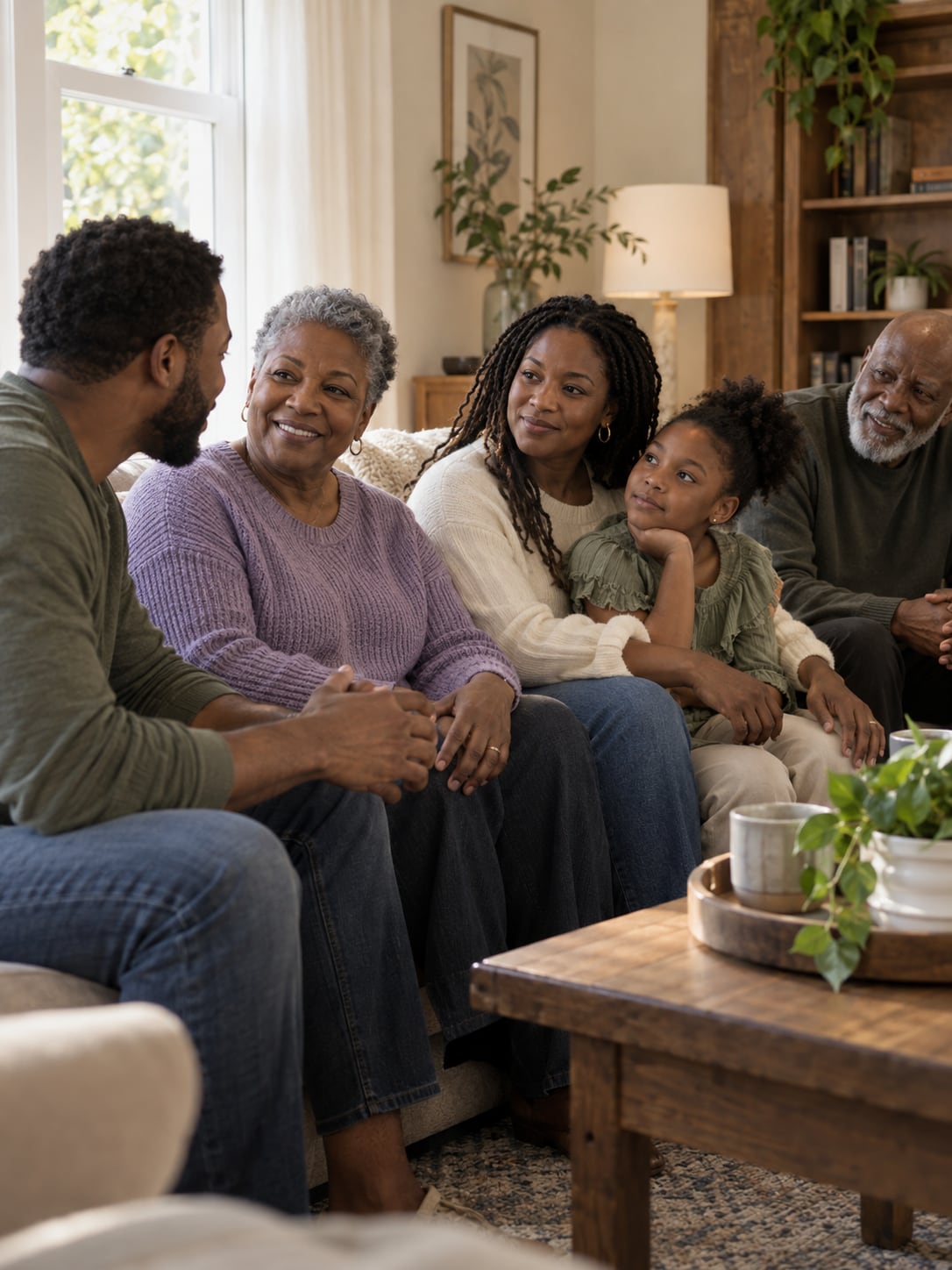 A multigenerational Black family sits together in a warm living room in relaxed conversation.
