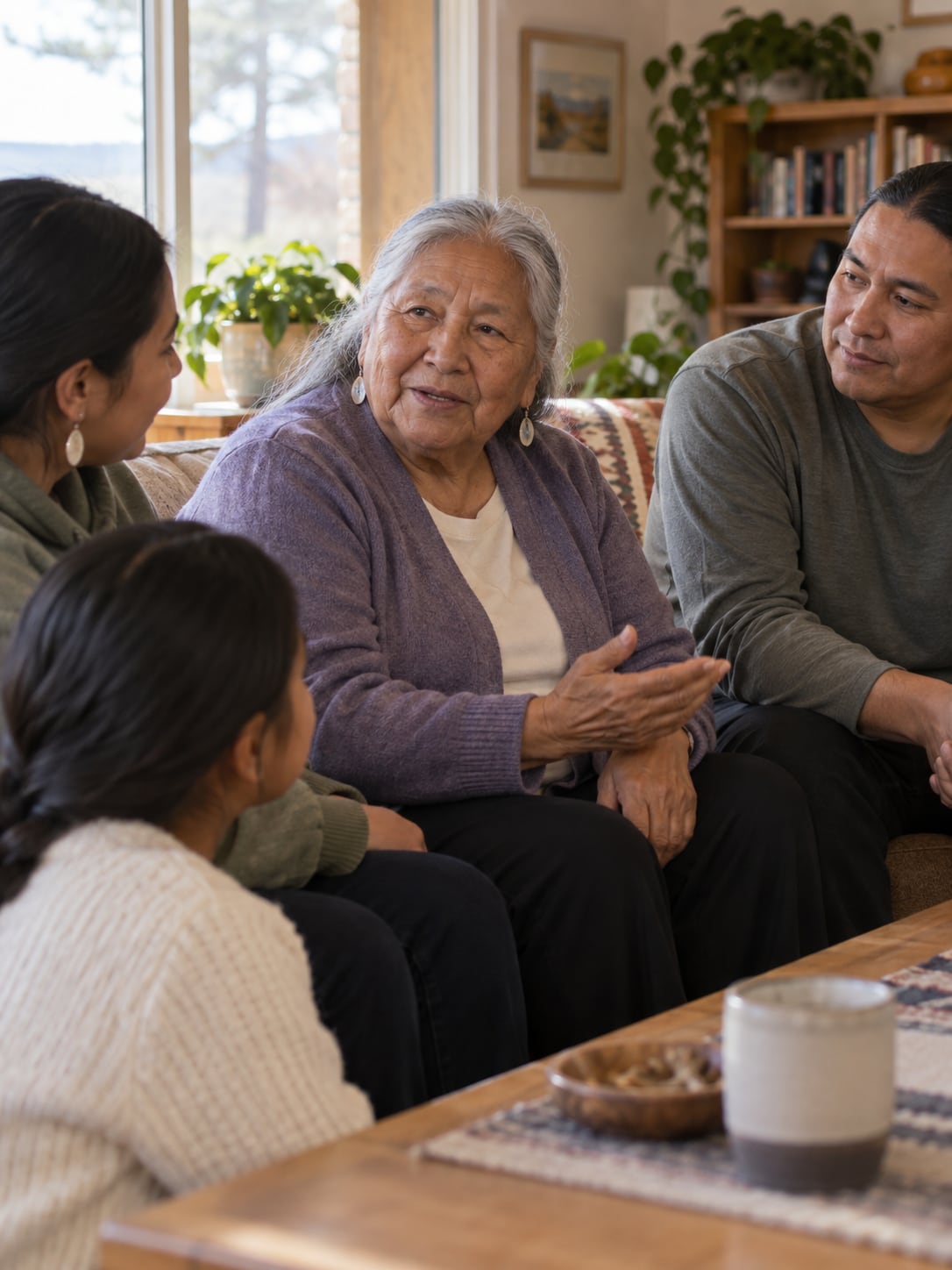 A Native American family and elder talk together in a home living room.