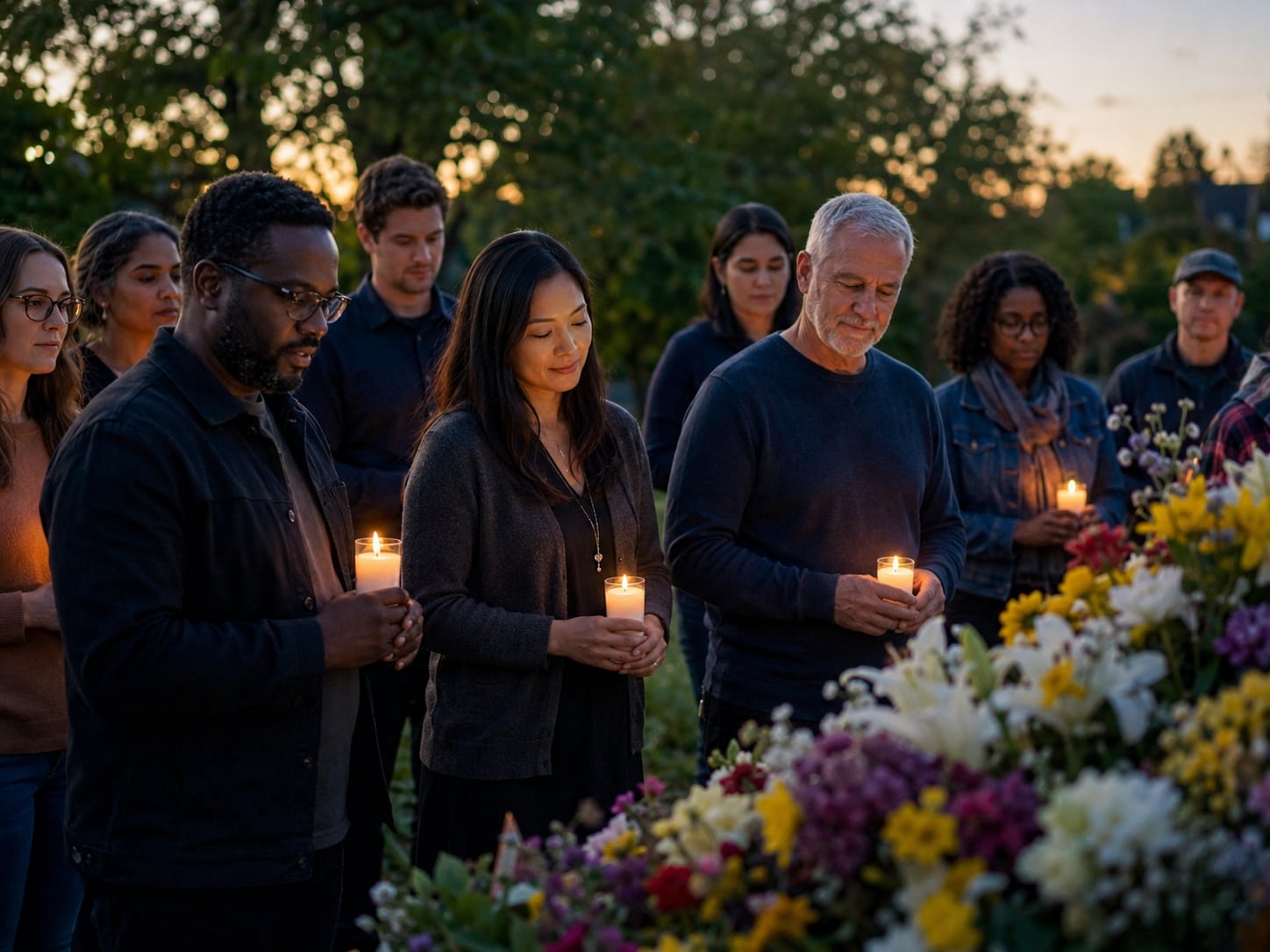 People stand outdoors at dusk with heads bowed, each holding a candle in a glass holder, in front of a bank of flowers.