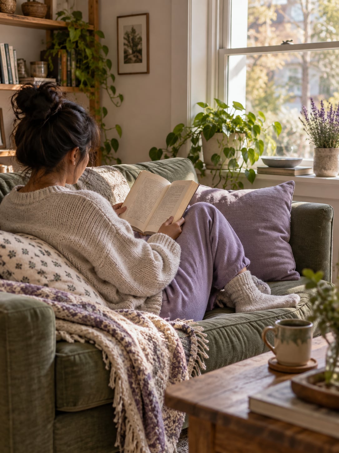 A person curled up reading a book on a couch by a window in cozy afternoon light.
