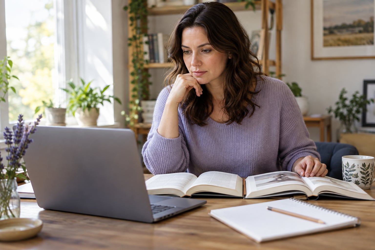 A woman thoughtfully compares information in an open book with her laptop, with a notebook nearby.