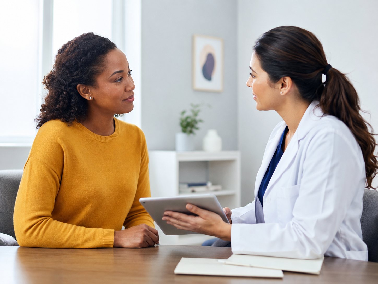 Clinician holds a tablet toward a seated woman at a desk as they talk in a bright office.