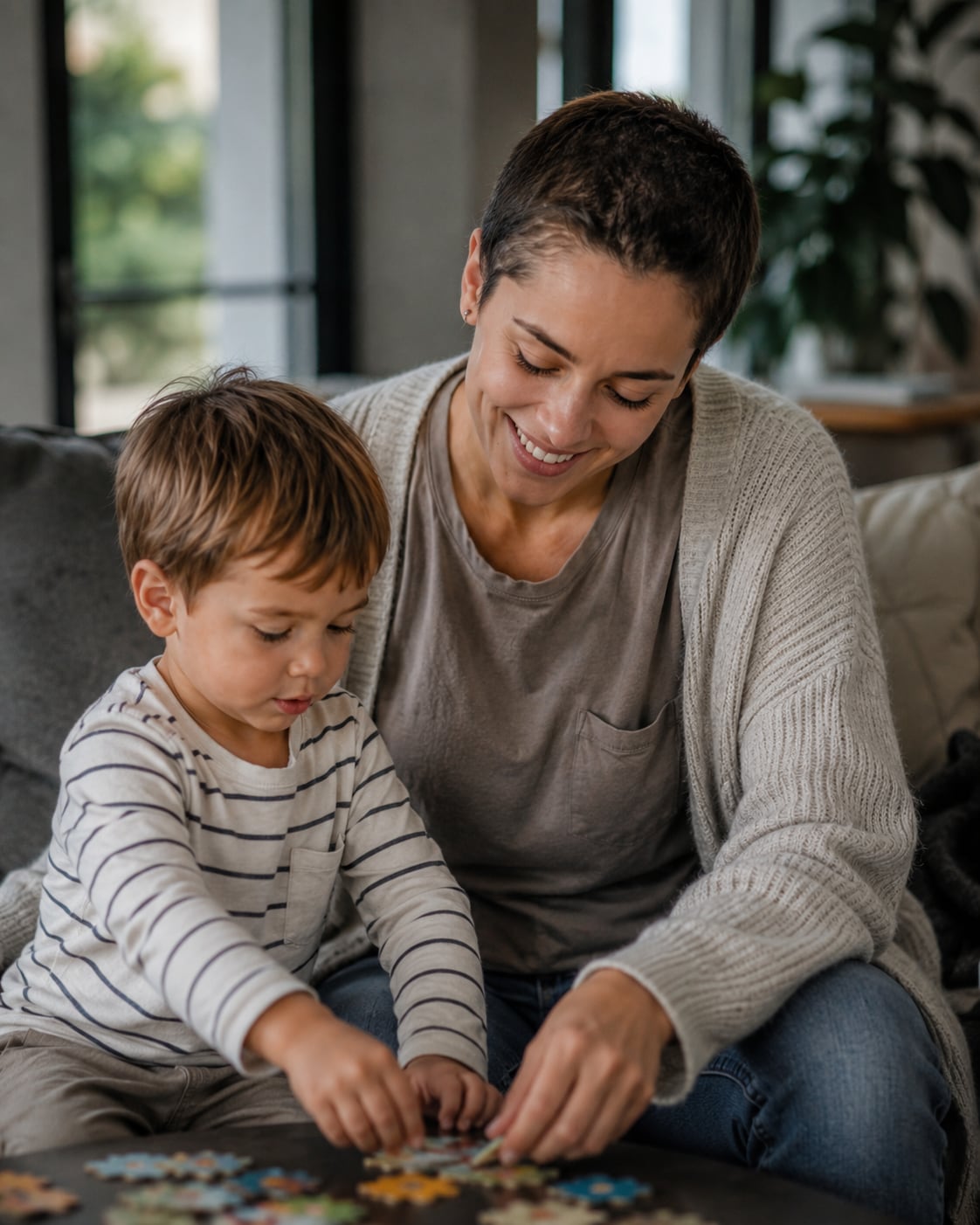 A smiling woman looks down affectionately at a young boy at home