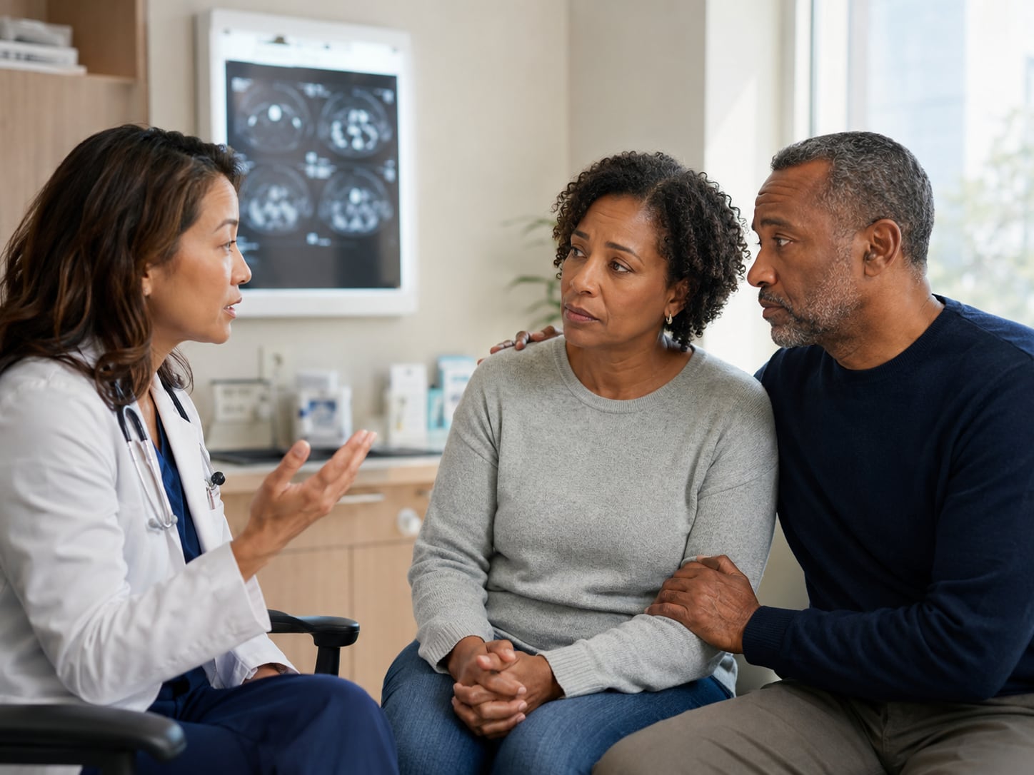 A female doctor gestures while talking with an older couple in a clinic room