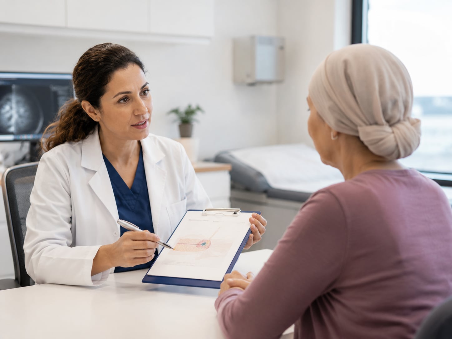 A female doctor writes notes while talking with a woman in a headscarf