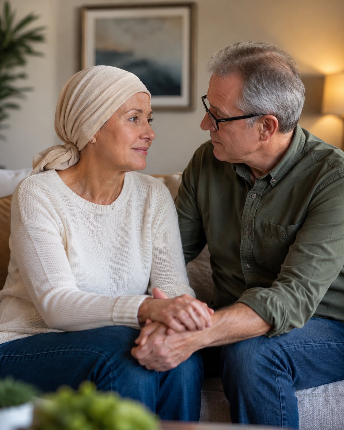 An older couple sit close together at home reading a document, warm