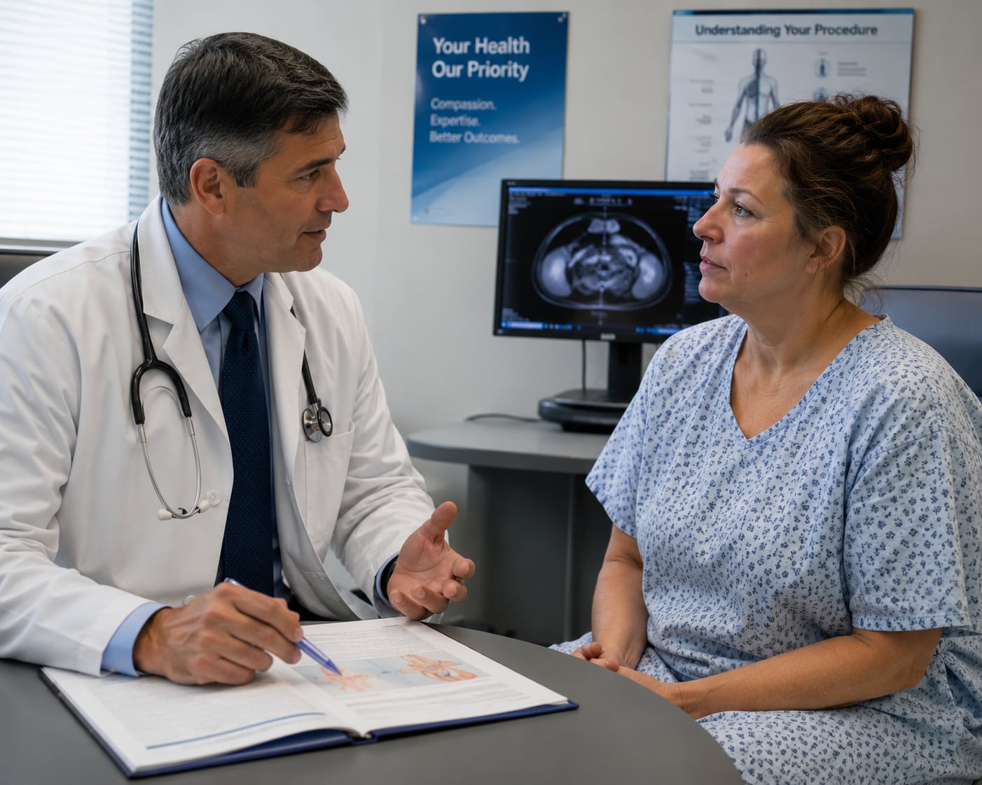 A doctor in a white coat points a pen at an open illustrated booklet while talking with a woman in a hospital gown; a cross-sectional CT image is on a monitor behind them.