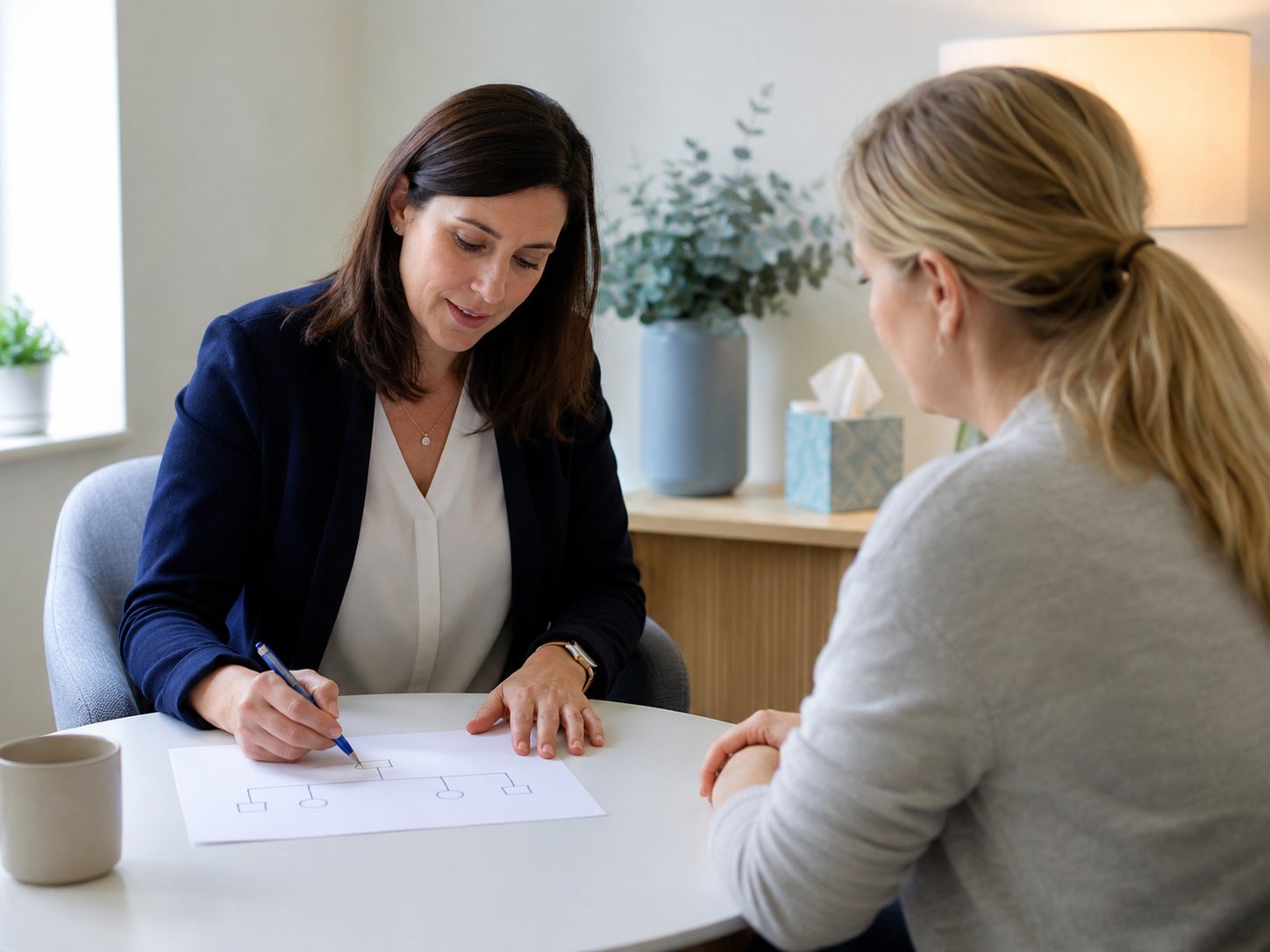 A genetic counsellor sits across a table from a client, drawing a family tree on a sheet of paper