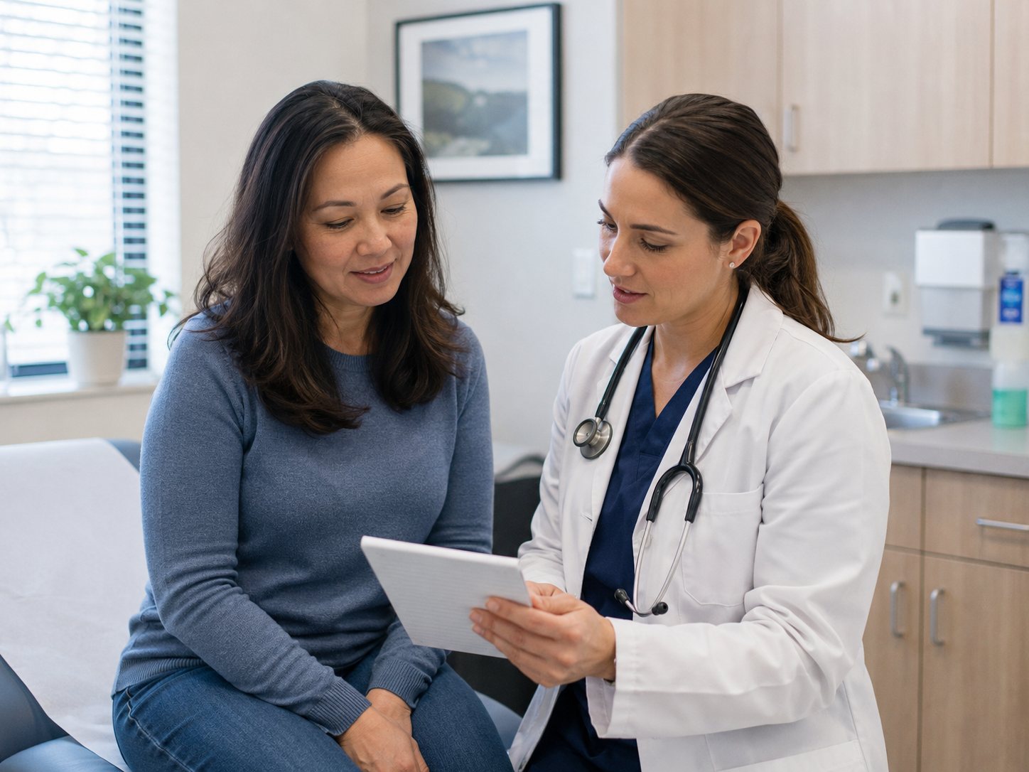Clinician holds a tablet and reviews information on it with a woman seated in an exam room.